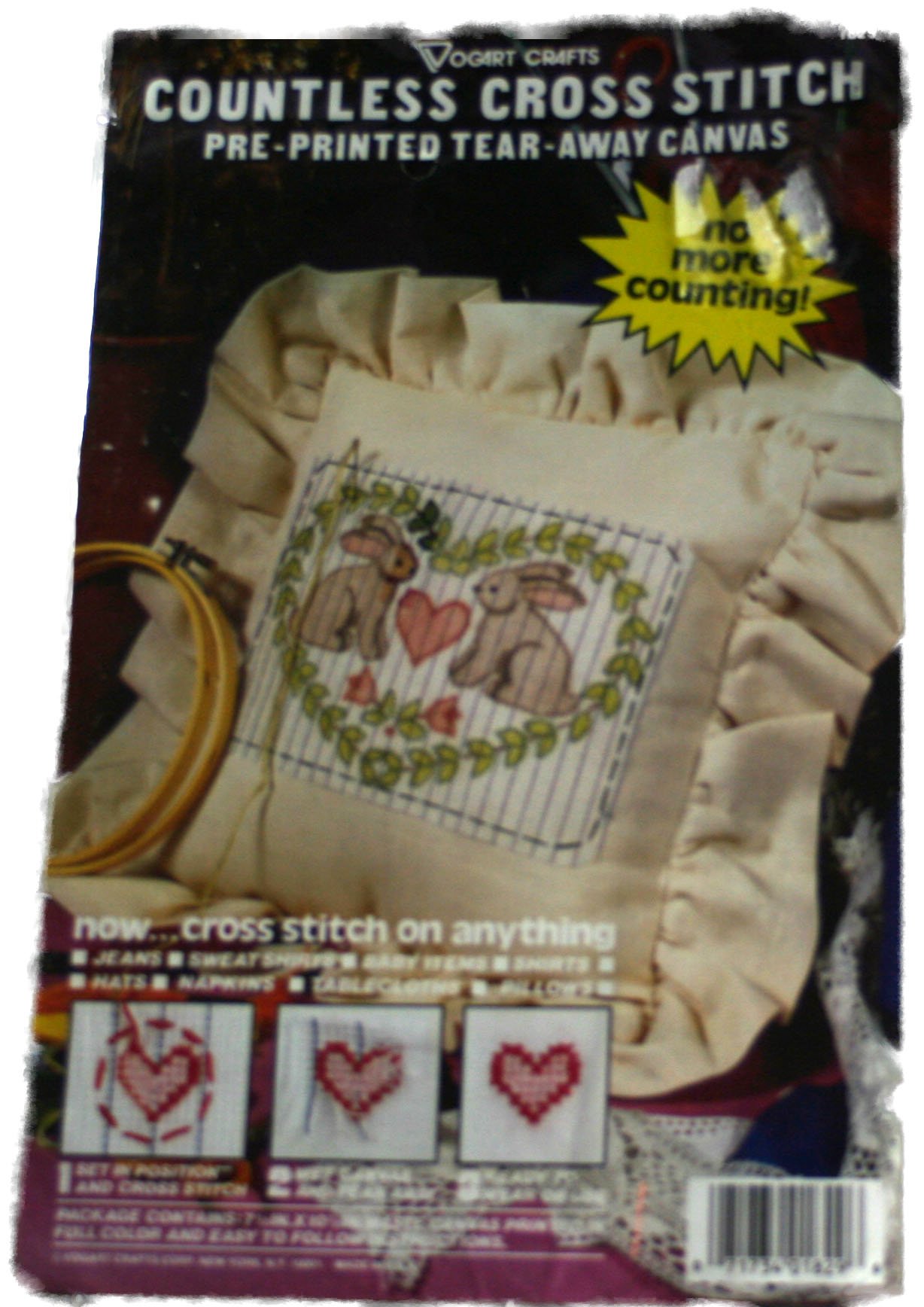 Vogart Crafts Printed Cross Stitch Waste Canvas Embroidery Kit - Rabbits & Hearts