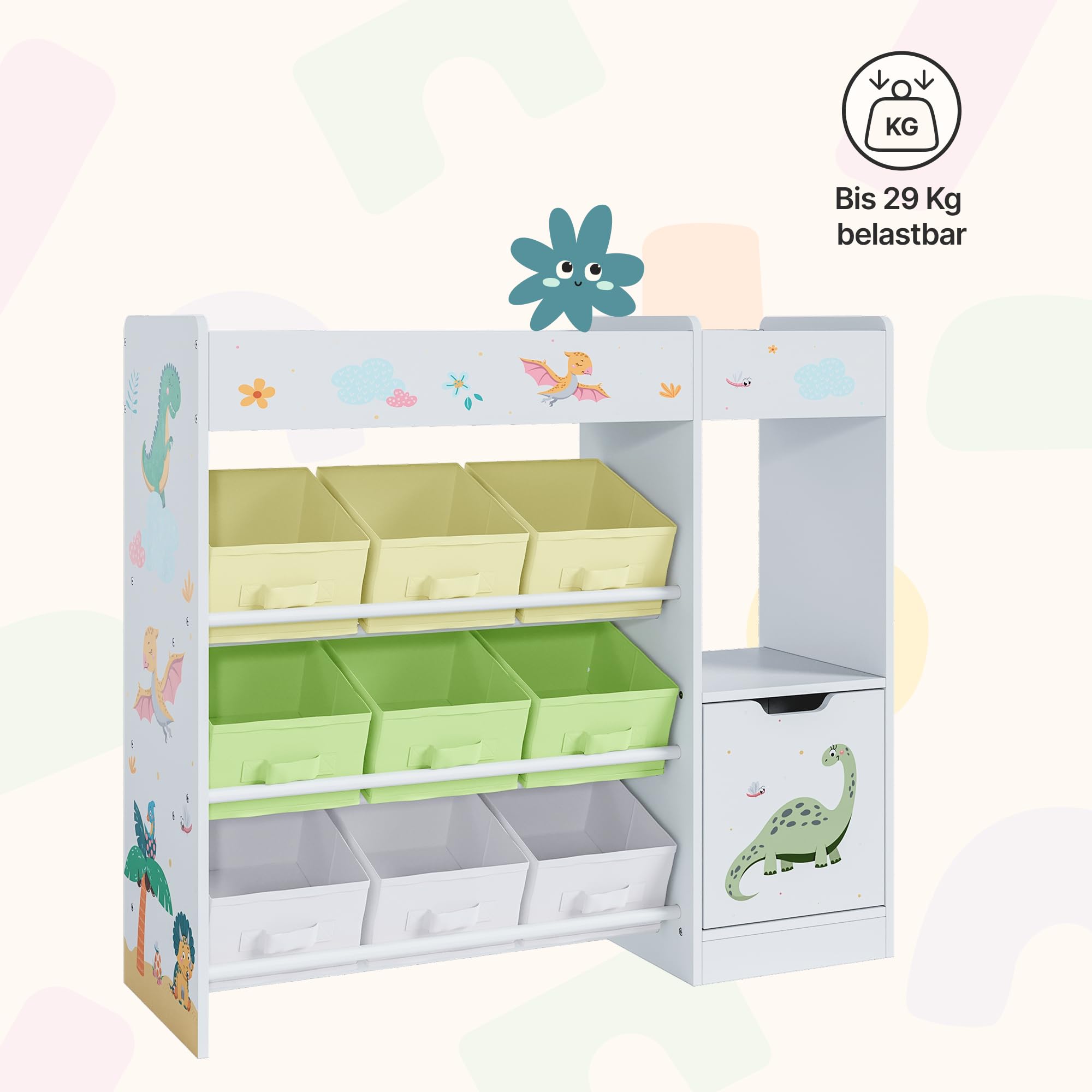[en.casa] Kinderregal Søndreland Bücherregal für Kinder mit 9 Aufbewahrungsboxen Spielzeugregal mit Schrank 80 x 90 x 30 cm Spielzeug Aufbewahrung Dinosaurier Motiv