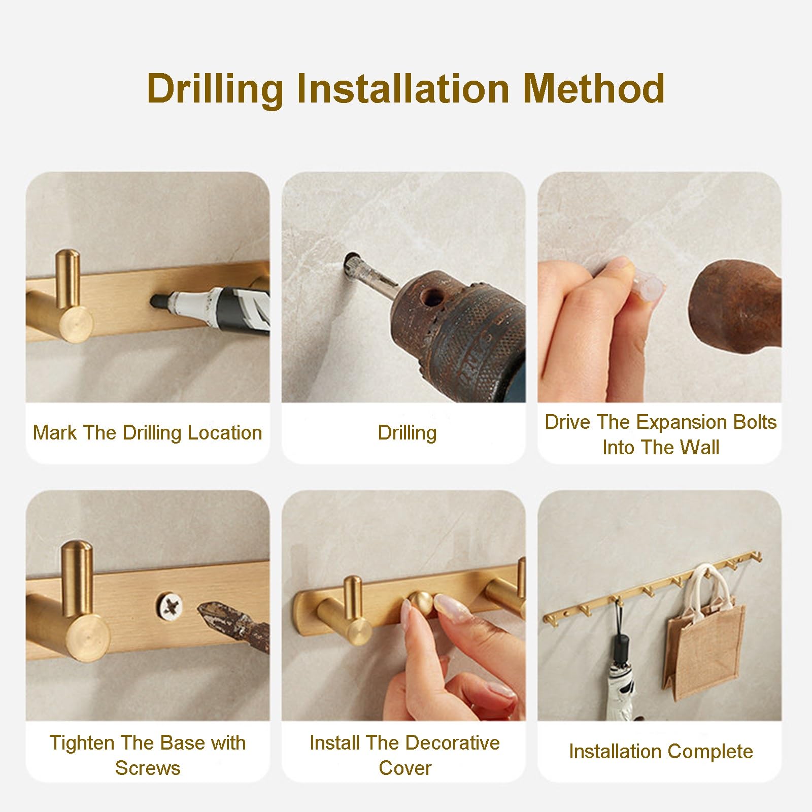 Ganchos de pared de latón macizo dorado cepillado para cocina, montaje en pared, utensilios de cocina, toallero, perchero para colgar en la entrada, baño (36 x 3,5 x 2 cm)