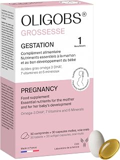 Oligobs Grossesse | Complément alimentaire femme enceinte | Vitamines, Fer, Iode, Acide Folique 400 µg, DHA Oméga 3 | Vitamines prénatales | 30 comprimés + 30 capsules | Fabriqué en France