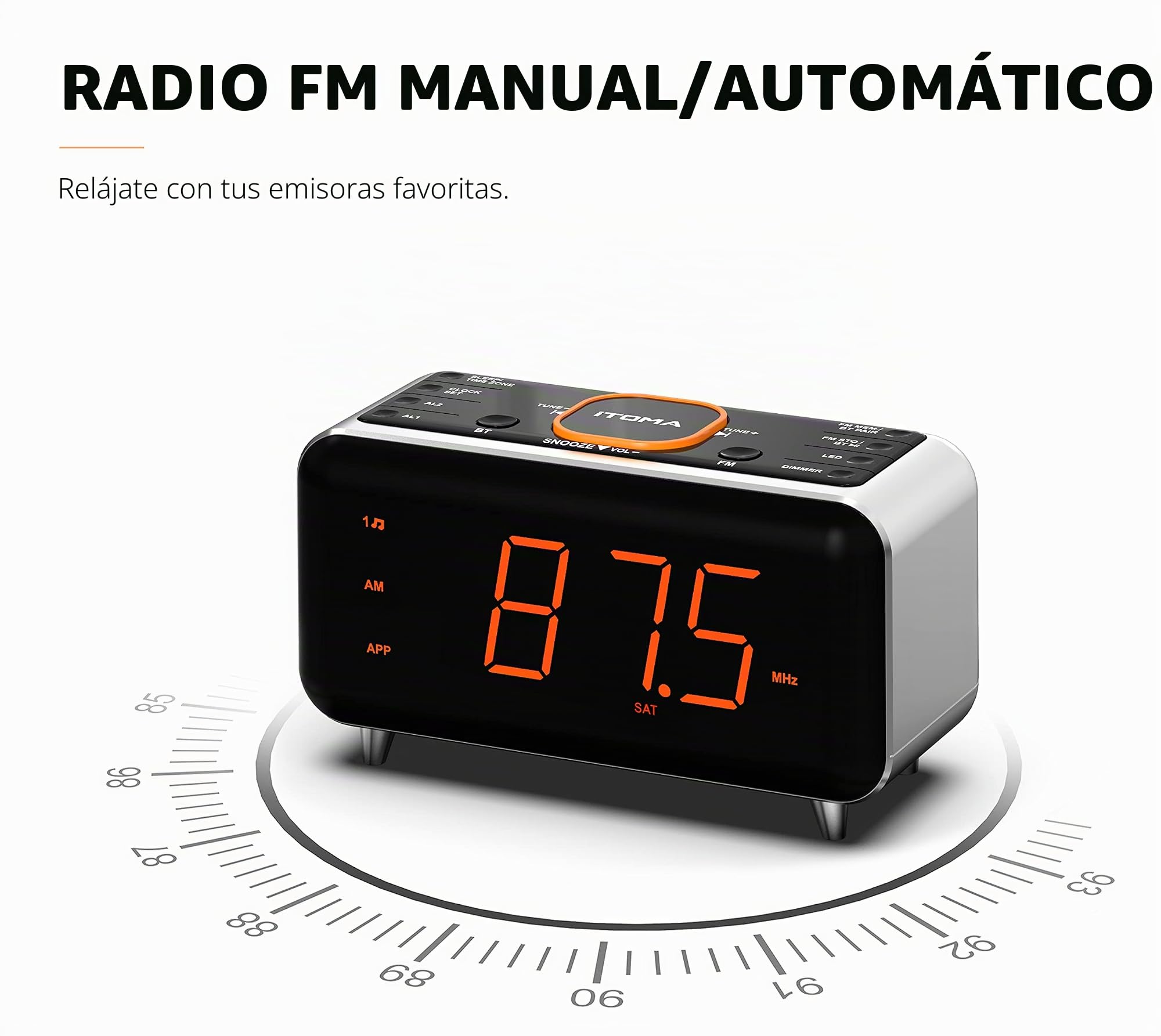 iTOMA Despertador de Radio con Control de aplicación, Bluetooth, Radio FM, Dual en Cuatro Modos de Despertador, Siesta fácil, atenuador, luz Naranja Nocturna, Puerto Cargador USB 208