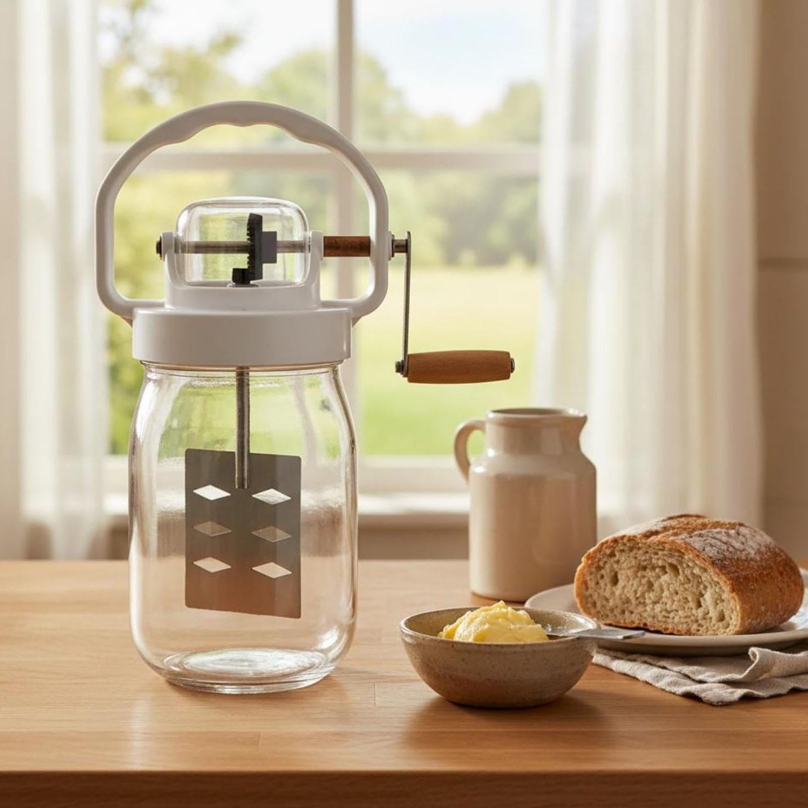 Ręczna Trzepaczka Do Masła 1500 Ml, Szklanym Słojem,Do Pieczenia,Słodyczy