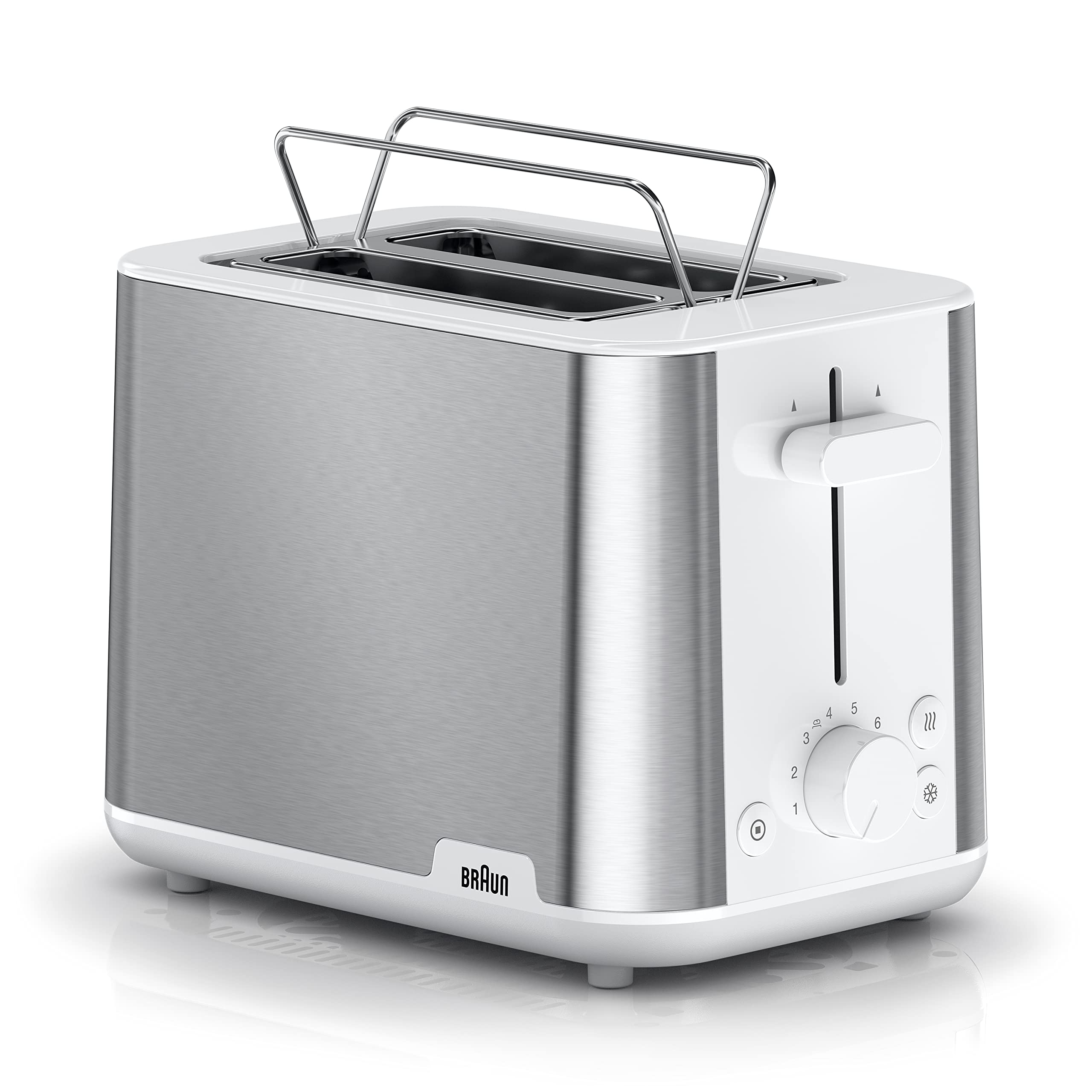 Braun PurShine Tostadora, Tostadora de 2 Ranuras, 8 Niveles de Tostado, Funciones de Recalentado y Descongelación, Bandeja Recogemigas, HT1510WH, 900W, Blanco