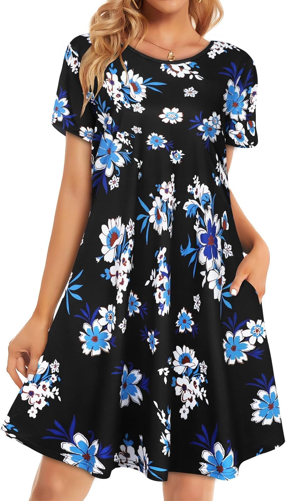 elescat Womens Summer Dresses Casual Loose Tshirt Floral Pockets Sundress | 2026 Boho Flowy Short Sleeve Dress, Two Hidden Pockets, Loose Beach Cover Up, Solid or Floral, Fashion Vacation Outfits