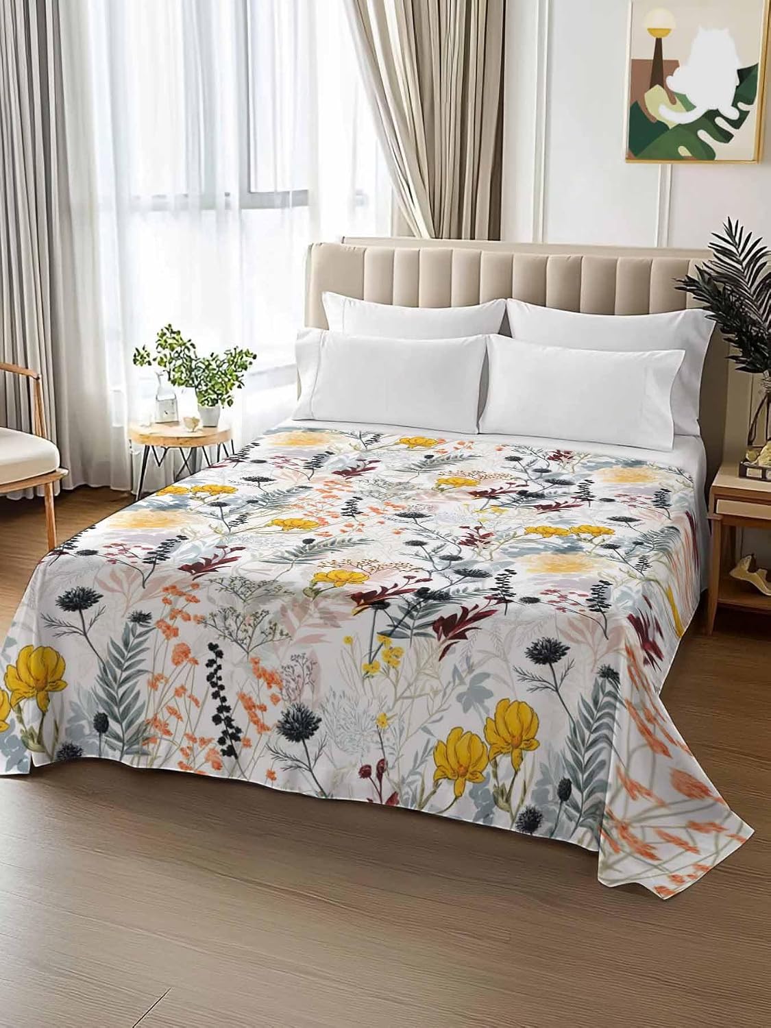 Top Sheet Queen Bedding Flat Sheet Only, Rustic Wildflower Leaf Microfiber Bed Sheets Soft Breathable Bedding Flat Sheets, Watercolor Pastoral Floral Plant Hotel Luxury Top Sheets