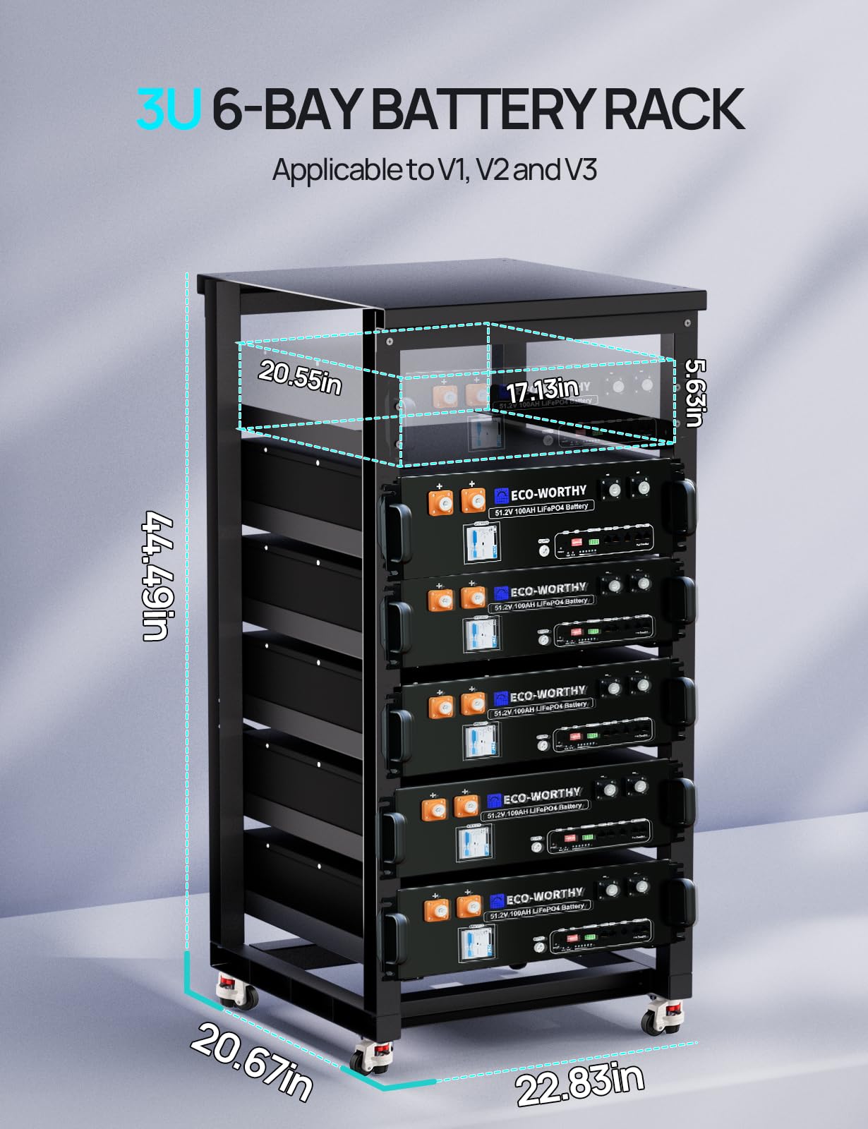 ECO-WORTHY Rack de serveur 3U à 6 étages avec roues pour batterie LiFePO4 48 V 100 Ah 50 Ah