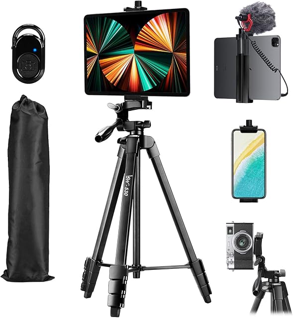 iPad pro Tripod, Lusweimi 60-Inch Camera Tripod for iPhone Compatible with Tablet/iPad Pro 12.9 inch/Webcam/Video Camera, iPad Pro Tripod Stand with Bluetooth Remote & Bag for Vlog/Video/Photography