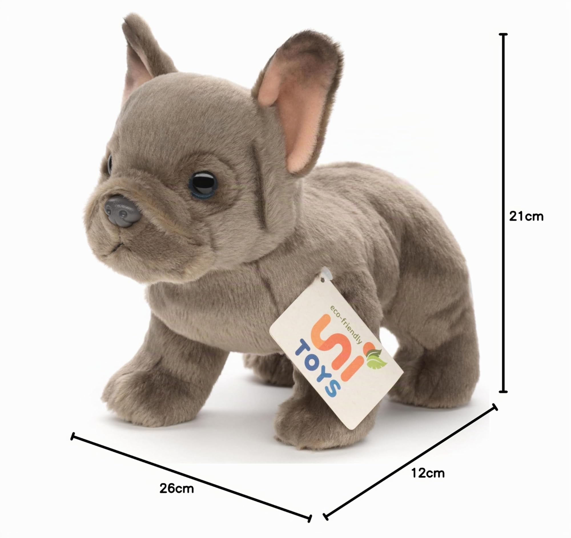 Uni-Toys - Bulldog francese (grigio) - Senza guinzaglio - 26 cm (lunghezza) - Cane di peluche - Peluche peluche