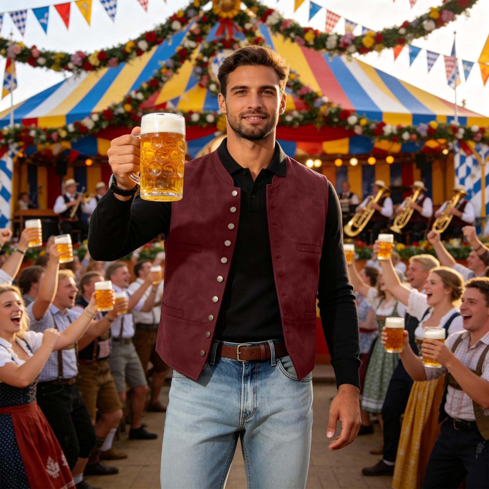 Gilet Oktoberfest Uomo, Con Bottoni, Senza Maniche, Bavarese, Tradizionale,