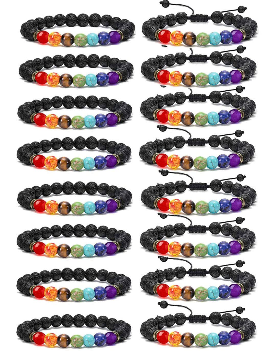 SAMOCO1/2/4/16PCS 8MM Lava Rock 7 Chakras Bracelets for Men Women Natural Stone Stretch Bracelets Essential Oil Diffuser Bracelets Adjuatable, no gem type