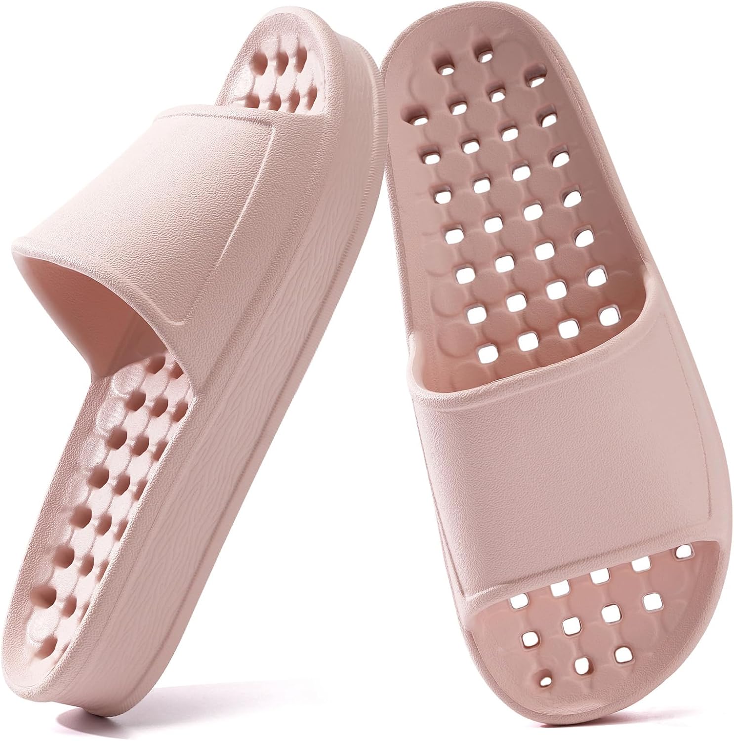 Comfortable shower shoes with drain holes for women and men.