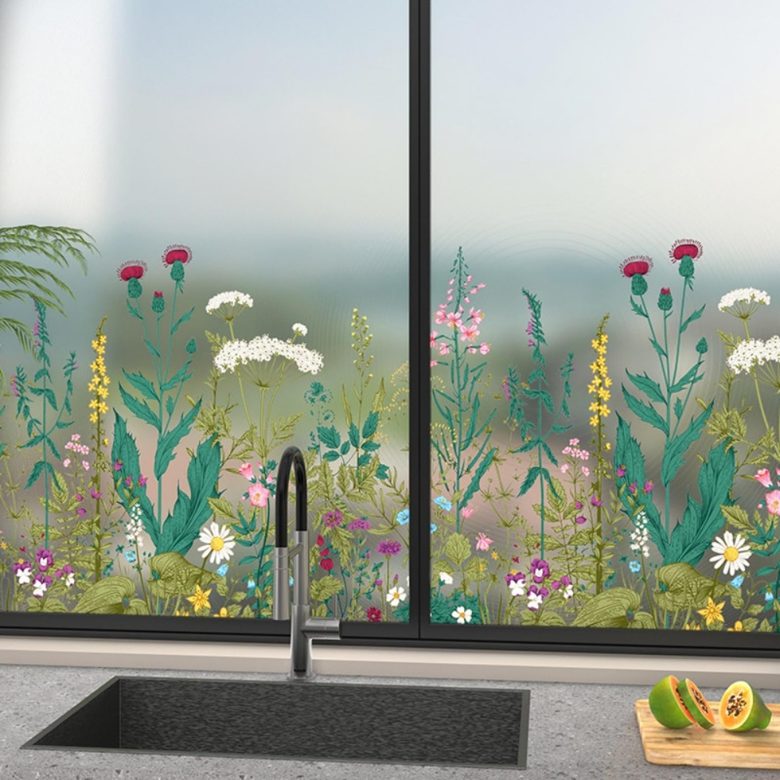 Folia okienna 60 x 100 zielonych roślin, folia do przyciemniania, szyby, wielokrotnego użytku, bez kleju, ochrona prywatności, łazienka, biuro, kuchnia, folia szklana
