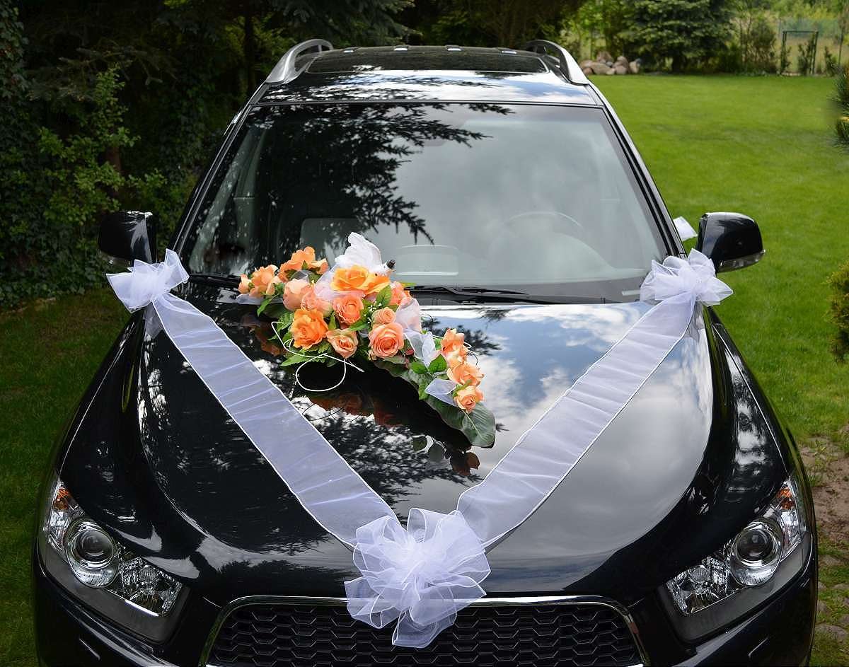 AMP Autoschmuck Autodeko Hochzeit Dekor Verschiedene Variante Komplett (Blumestrauß + Hochzeitstauben – orange)
