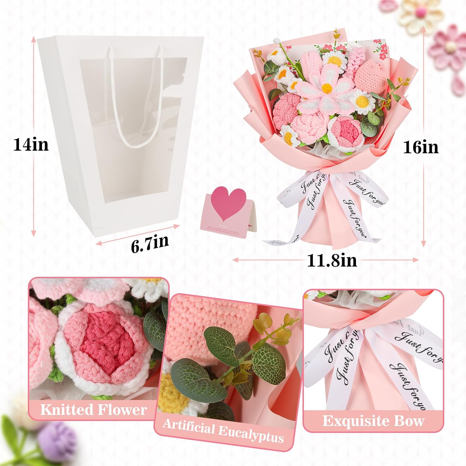 Crochet Flower Bouquet, Pink Knitted Flower Bouquet Handmade Crochet Tulips Rose Flower for Valentines Day Mother's Day Lover Anniversary Birthday Graduation Wedding Gifts