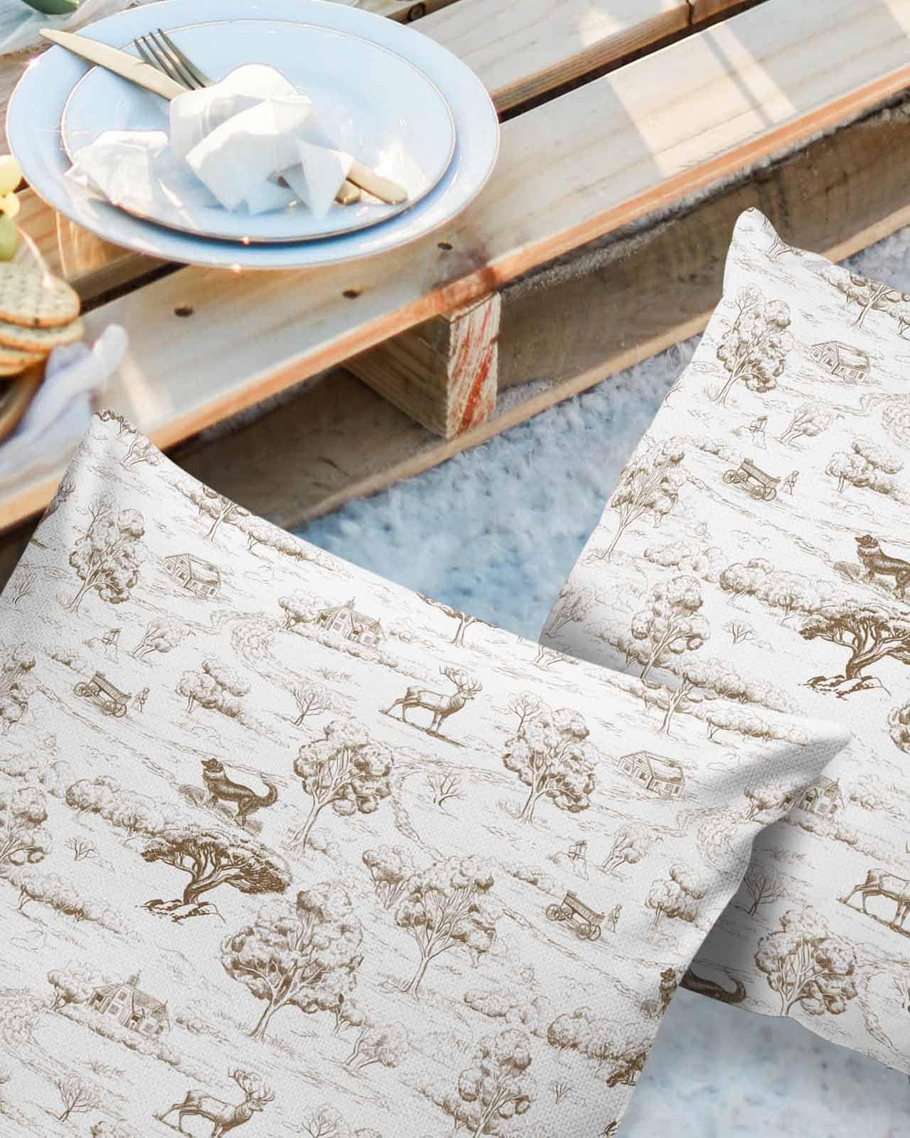 LBDecor Outdoor Throw Pillow Covers 16x16 Waterproof Brown Trees Animals Outdoor Pillows Decorative Pillow Covers Cushion Covers Pillowcase for Tent Patio Garden Couch Set of 2, Retro Farmhouse