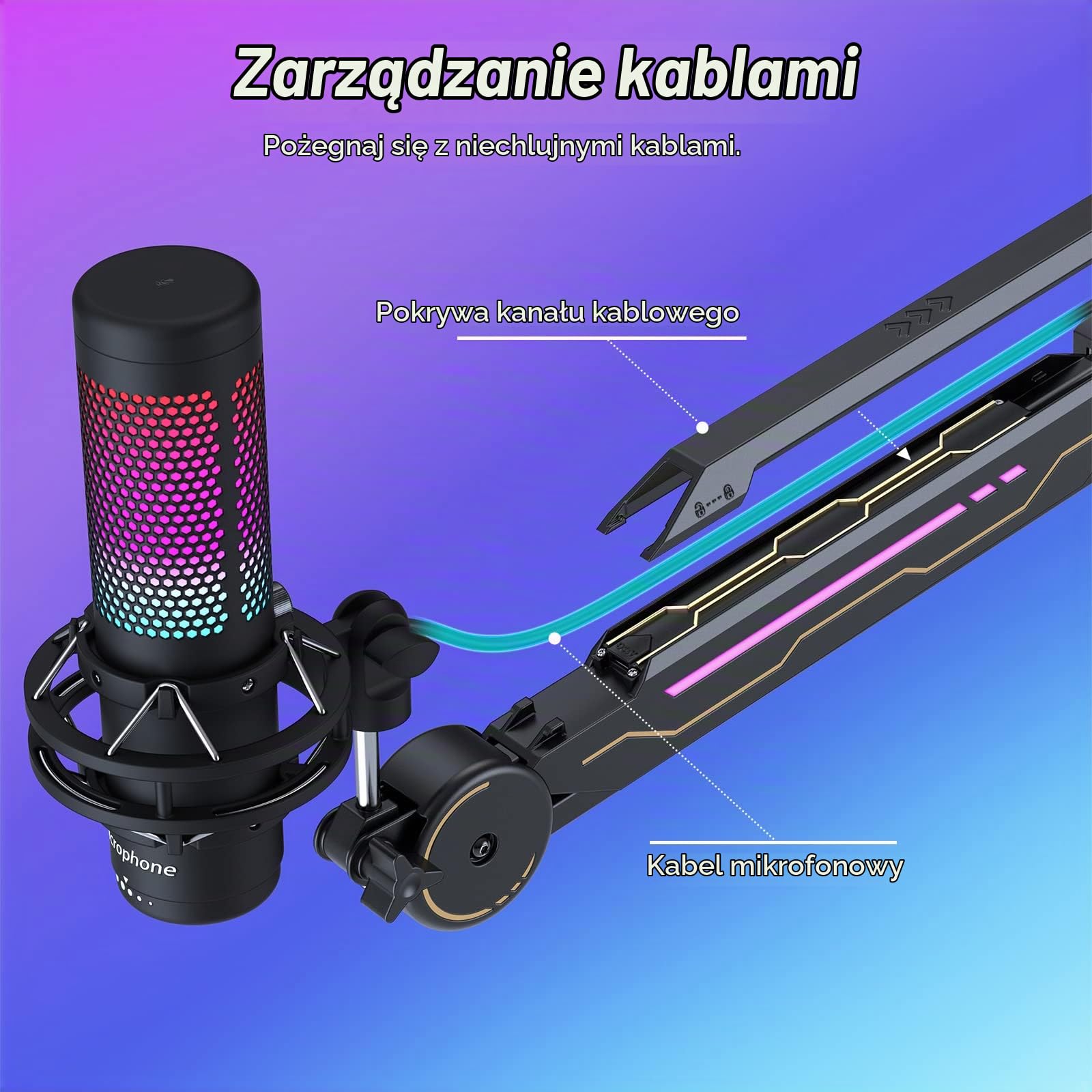 TONOR Regulowany Statyw Mikrofonowy z Oświetleniem RGB, Wysięgnikiem RGB, Obrotowym, Przenośnym Wysięgnikiem Nożycowym do Gier, Streamowania, Nagrywania Podcastów T90