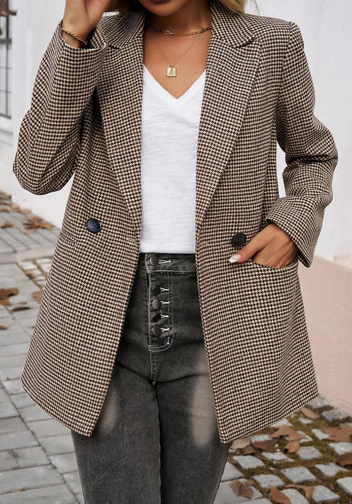 Womens Casual Blazer Open Front Long Sleeve Lapel Houndstooth Jacket Plaid Blazers Bussiness Work Office Suits - Image 4