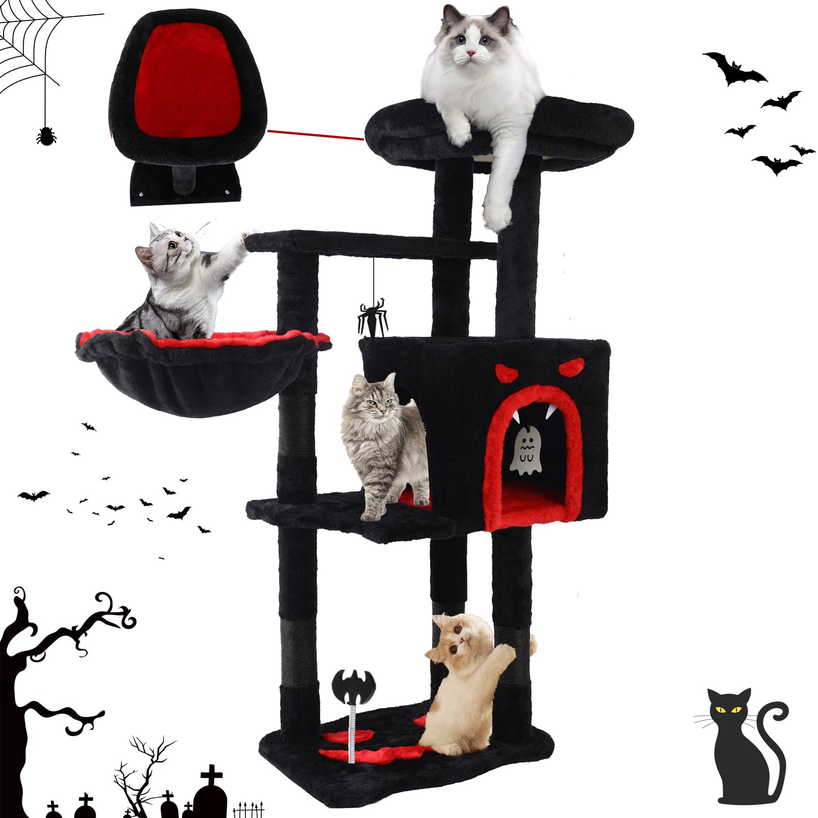 Gothic Cat Tree for Indoor Cats Large Adult, 40.5" Goth-Cat Trees Tower with Coffin Bed,Scratching Post, Cat-Condo,Cat-Furniture Towers with Hammock, Tall Black Kitten Tree with Halloween Hanging Toys - Black and Red