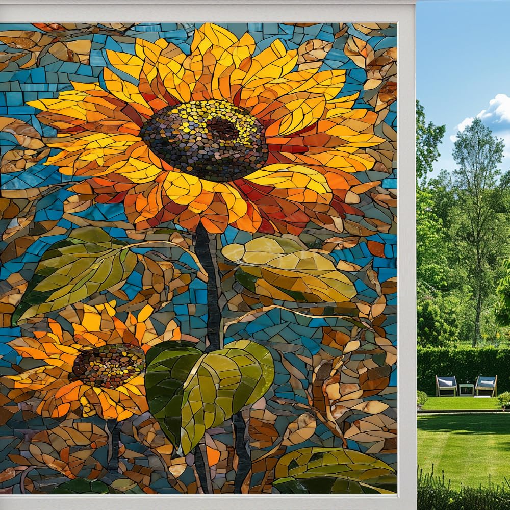 Pmlbaous Abstract Flowers Frosted Window Film, Colorful Sunflower Rural Stained Glass Privacy Film, Heat Insulation Self-Adhesive Vinyl For Bathroom Office, （45X60cm）