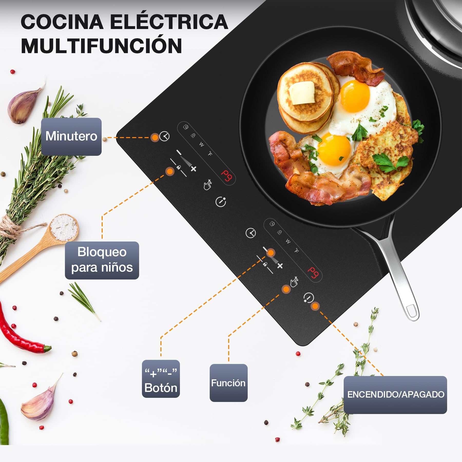VBGK Placa Vitrocerámica 2 Fuegos con Enchufe, 3000W Placa Electrica Cocina Empotrable, 9 Niveles de Potencia, Temporizador, Bloqueo Niños, Compatible con Todos los Utensilios, 220-240V