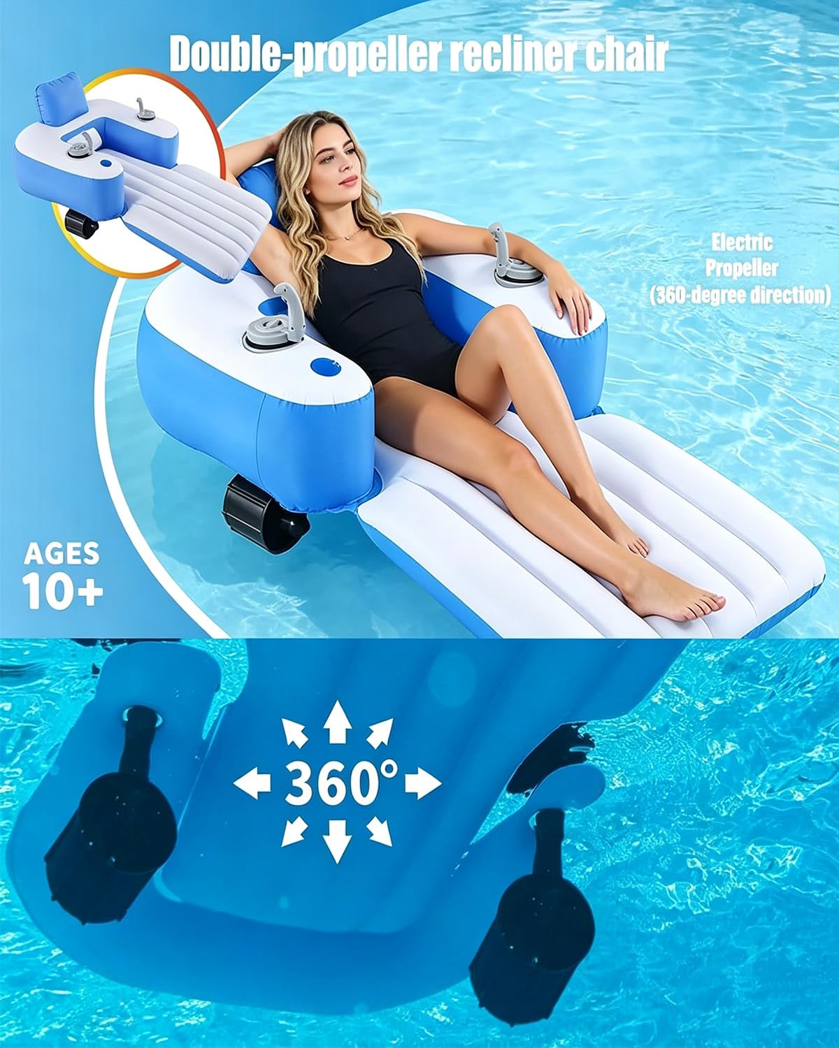 Flotador de Piscina motorizado con hélice giratoria de 360° Lithiumbatteries