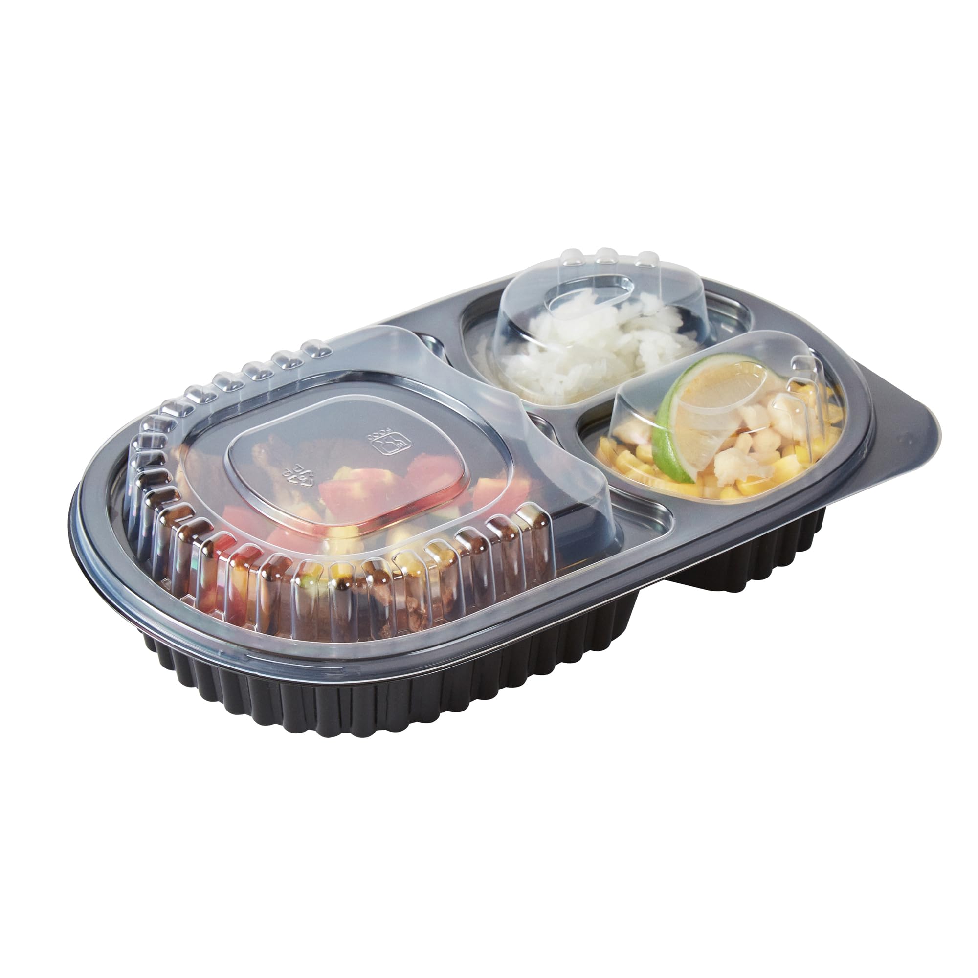 Restaurantware-Chef 101 19 Ounce Meal Prep Containers, 100 Microwavable To Go Containers With Lids - 3 Compartments, Disposable, Black Plastic Oval Food Containers, For Hot And Cold Food, Freezable