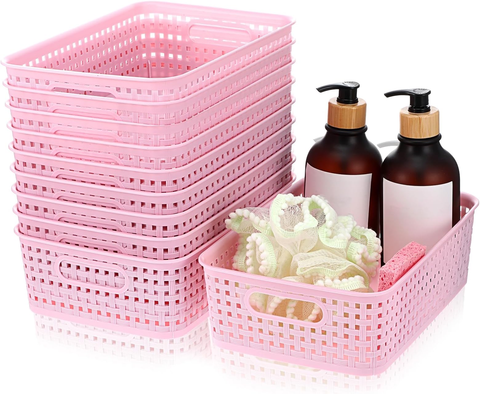 10 Pack Plastic Storage Baskets, Pink Small Pantry Organization and Storage Bins Household Organizers for Laundry Room, Bathrooms, Bedroom, Kitchens, Cabinets, Under Sink
