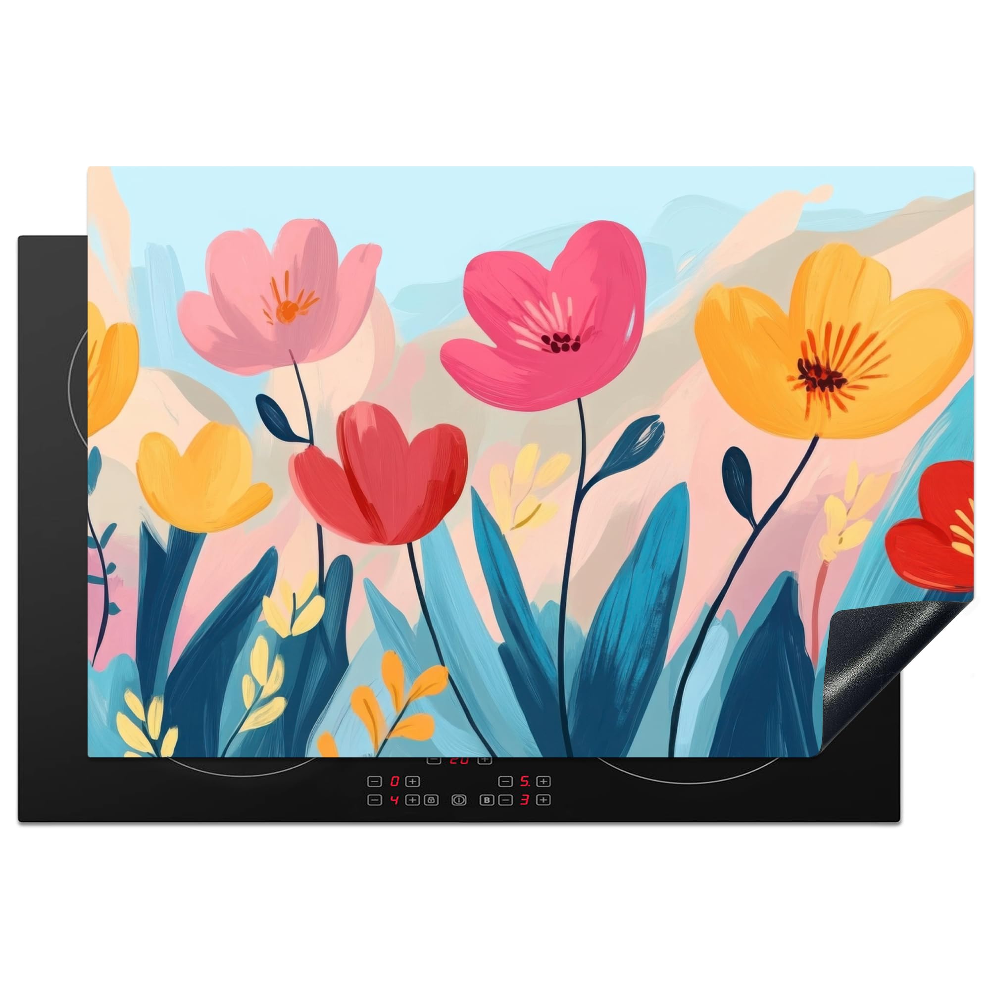 KitchenYeah© Induction Hob Protector Mat 20.3"x29.9" / 76x51.5 cm Stove Cap Top Cover Kitchen Cooker Covers for Electric Hobs Vinyl Illustration - Flowers - Colourful