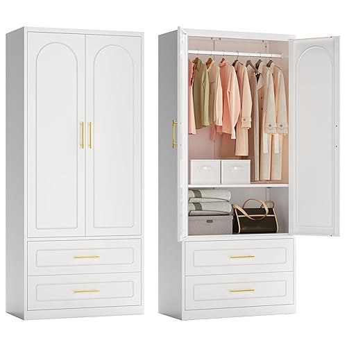 Polup Metal Armoire Wardrobe Closet witih Two Drawers, 71" Tall Large Wardrobe Cabinet with Hanging Rod, Clothing Storage Cabinet with Doors and Shelves for Bedroom, White, Assemble Required - White - 71"H-Arc with Two Drawers