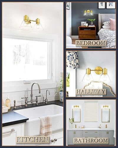 Miniatura 7 de LMS Lámparas doradas para tocador de baño, 2 lámparas de baño con pantalla de vidrio transparente, LMS-100