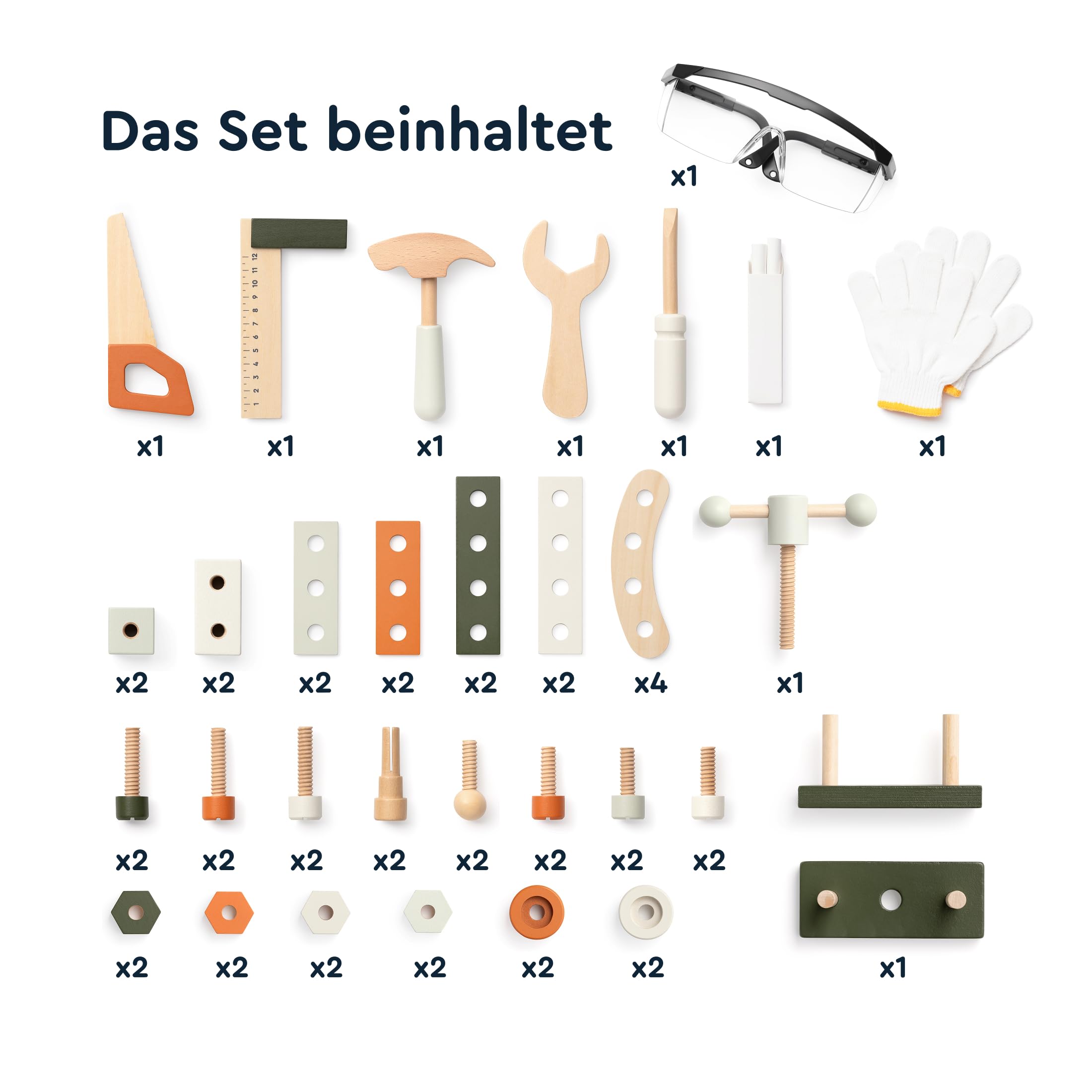 Holzwerkbank Spielzeug, Werkstatt mit 61 Teilen, Realistischen Werkzeuge, Schrauben, Mutter, Säge, Schraubendreher, Schutzbrille für Kinder ab 3 Jahre Junge