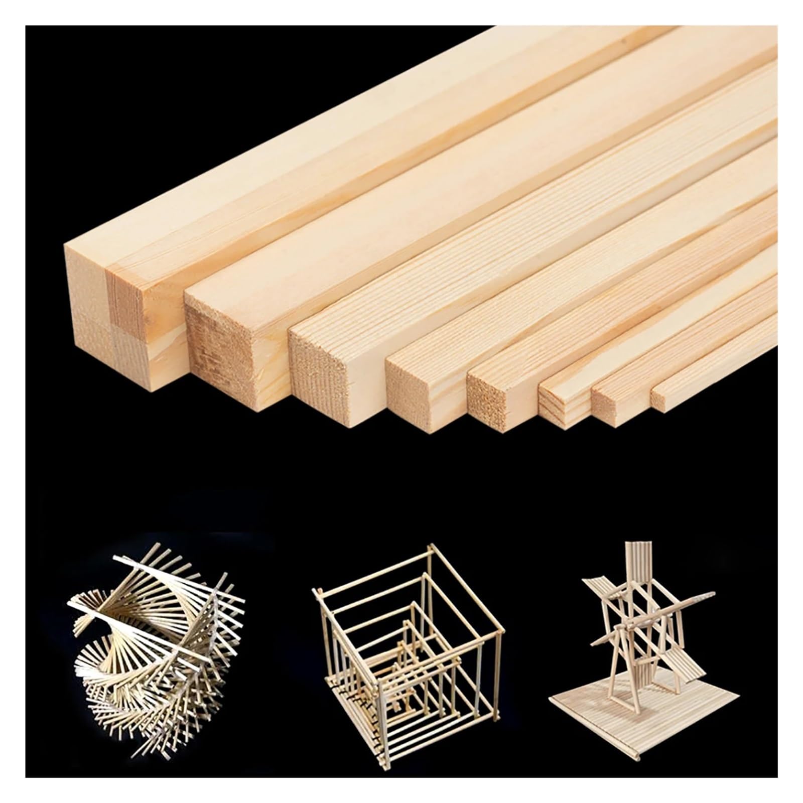 Drewniane gładkie pręty Kwadratowe paski drewna sosnowego 5x5mm do 25x25mm 330mm Opakowanie 15 sztuk