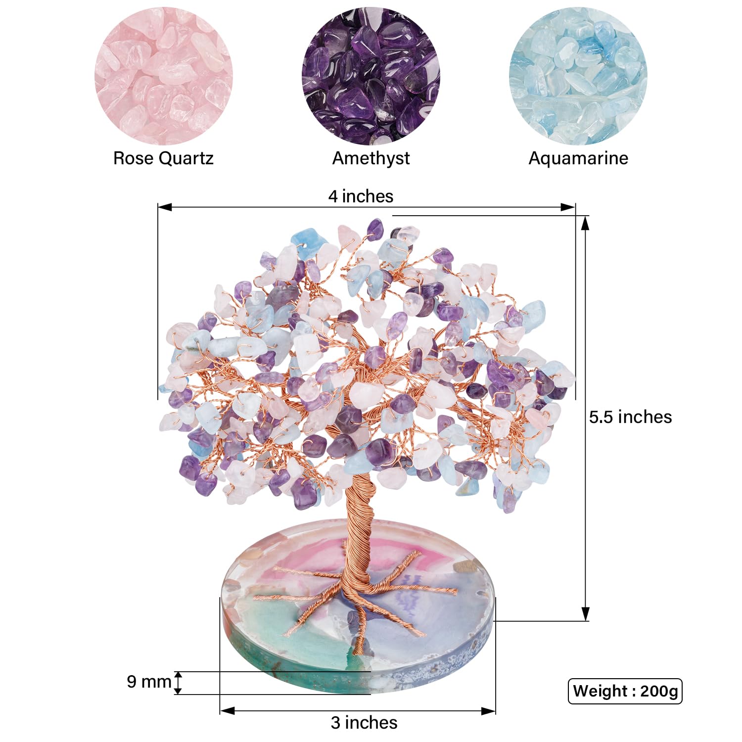 ZenBless 7 Chakra Healing Crystals Stones Tree, Amethyst, Pink Crystal, Aquamarine Leaf Wire Wrapped on Natural Agate Slice Base, Home Office Desk Living Room Feng Shui Decoration for Luck