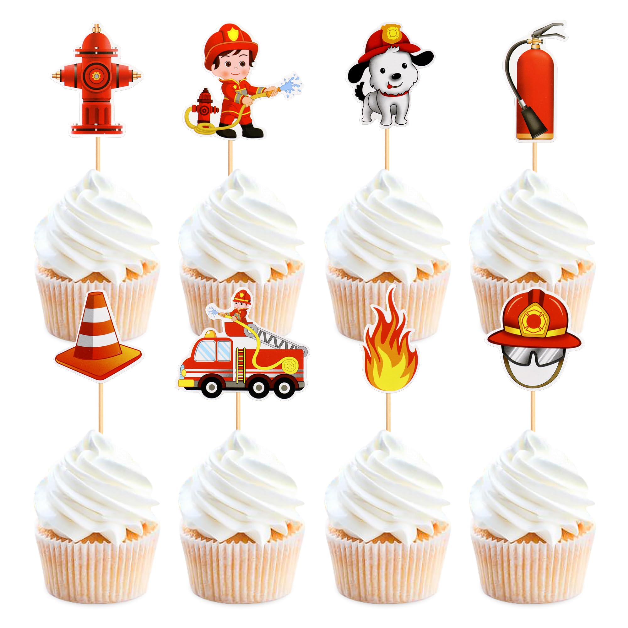 UXYOKM 24Pcs Fireman Cupcake Toppers Fire Truck Cupcake Picks Fire Department Engine Rescue Theme Baby Shower Birthday Party Cake Decorations Supplies