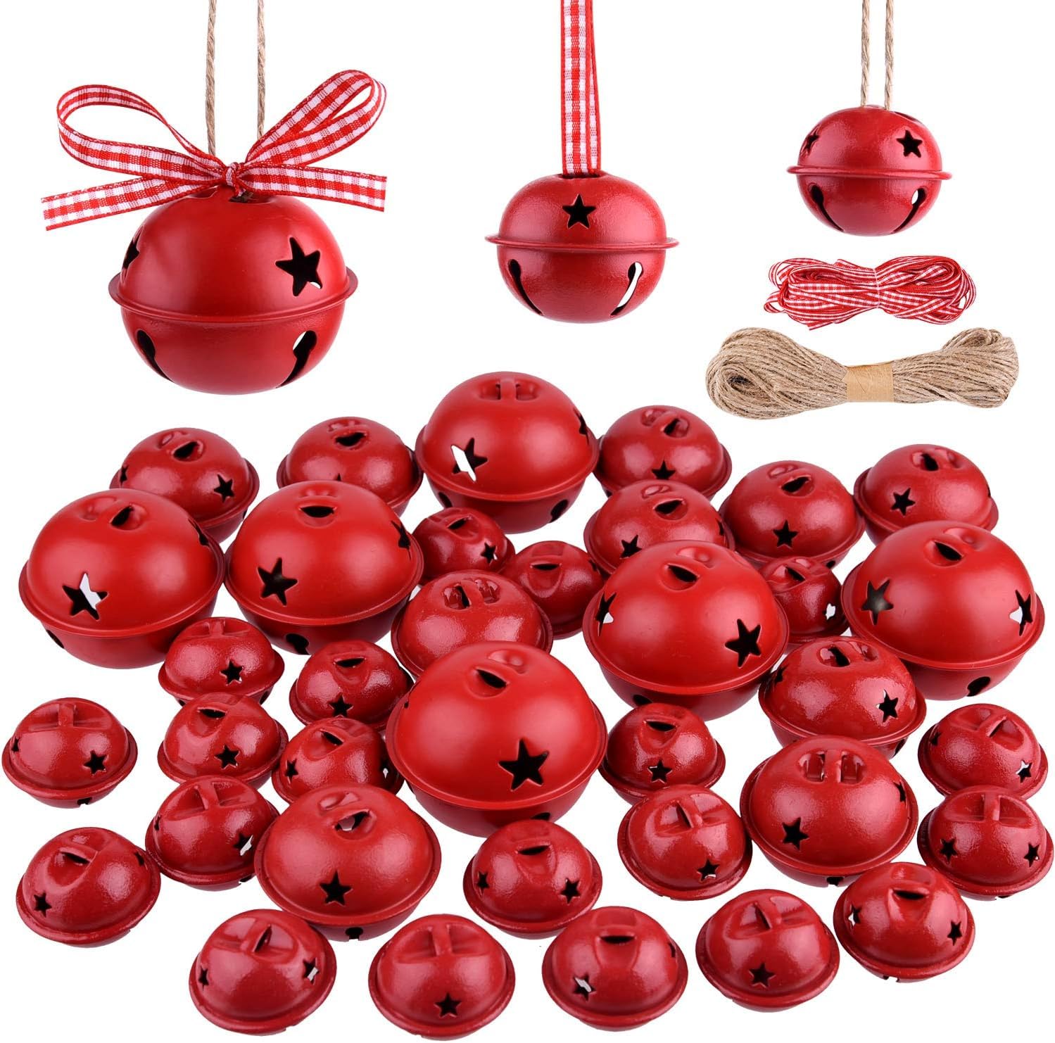 Skyte Red Skyte® Pack Of 30 Christmas Bells 5Cm Colorful Jingle Craft Bells With Ribbon, Five-Point Star - Xmas Party Tree Decoration Diy Wreath Holiday Decorations