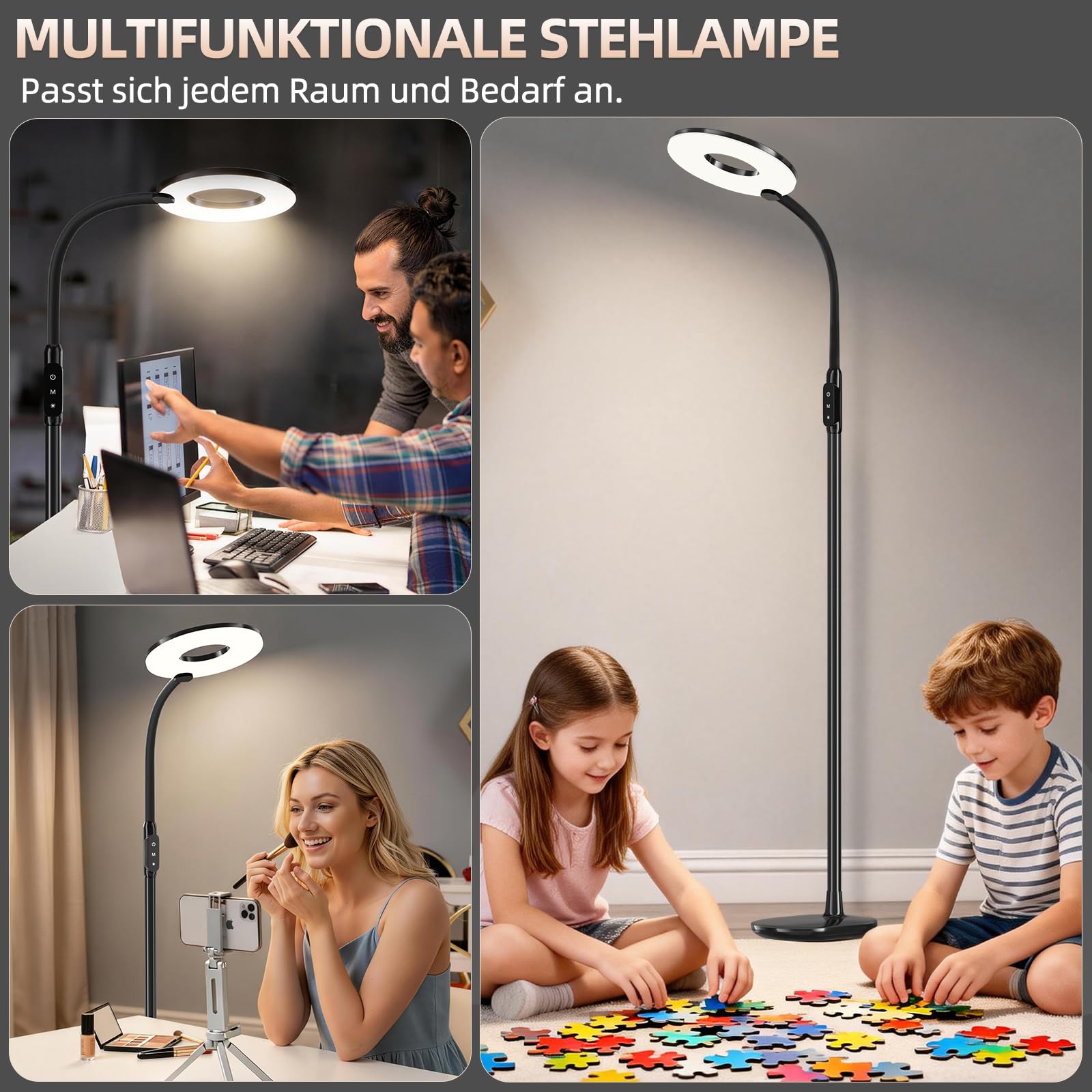 GyroVu Stehlampe Wohnzimmer Schwarz, 176cm Led Leselampe Stehlampe mit Touch-Steuerung, 3000K-5000K Dimmbar Stehleuchte mit Flexible Schwanenhals für Schlafzimmer Büro Wohnzimmer