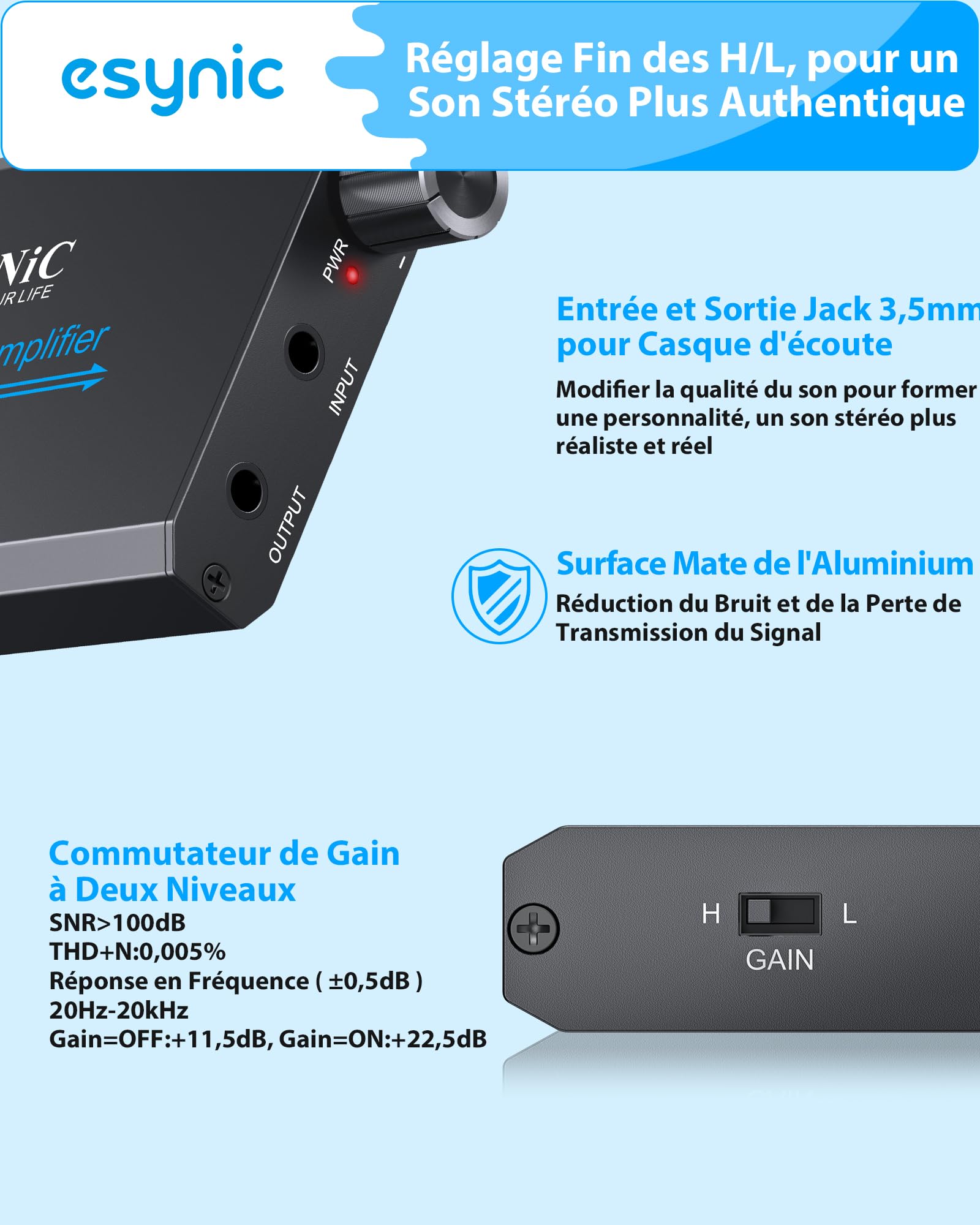 eSynic Ampli Casque Portable 16-600Ω Commutateur de Gain Amplificateur de Casque HiFi Interface Stéréo 3,5 mm Batterie au Lithium Amplificateur Audio Professionnel pour MP3 MP4 Téléphones Ordinateurs