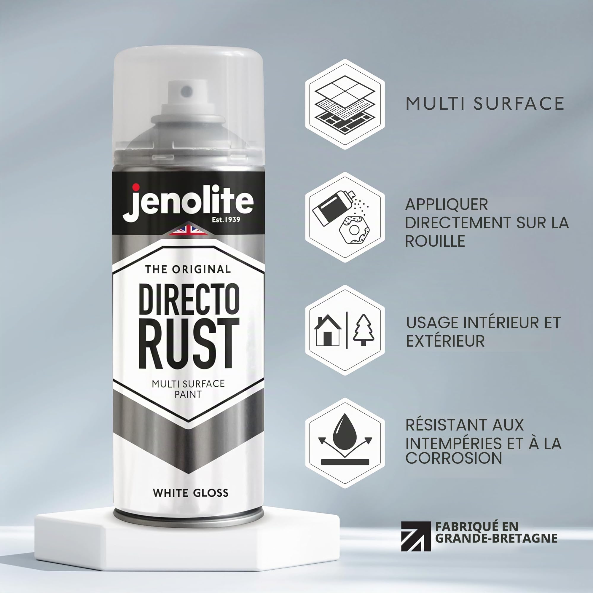JENOLITE Directorust Bombe Peinture Brillante | BLANC | 3x400ml | Peinture Aérosol Anti-Rouille Pour Métal | Peinture Aérosol Brillante Multi-Surfaces Pour Bois, Métal, Plastique | RAL 9016