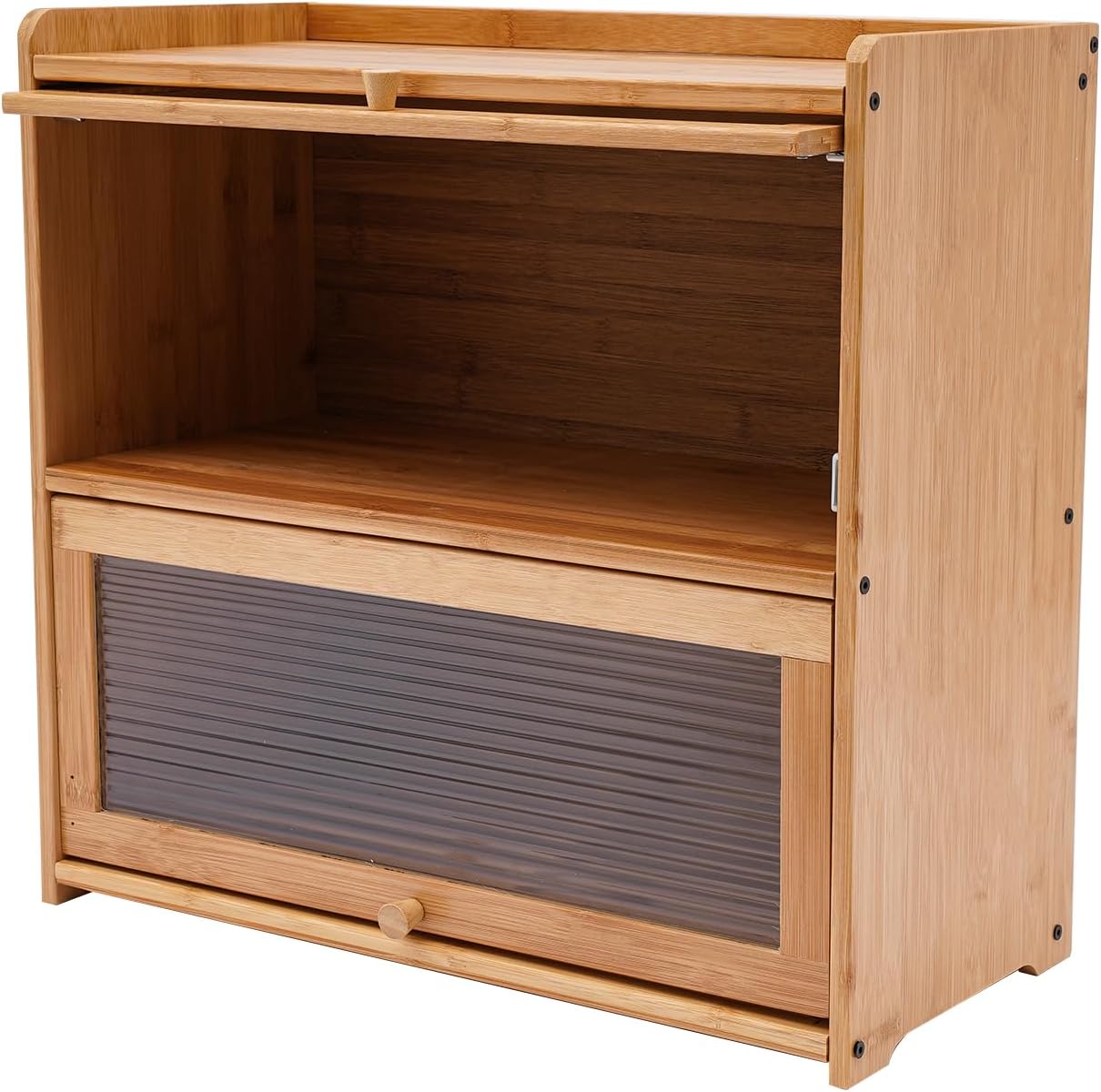 2 Tier Bamboo Countertop Pantry, Kitchen Countertop Flatware Storage Cabinet with 2 Sliding Striped Clear Door Stoppers, Fully Sealed Cutlery Organizer for Condiments, Plates, Bowls