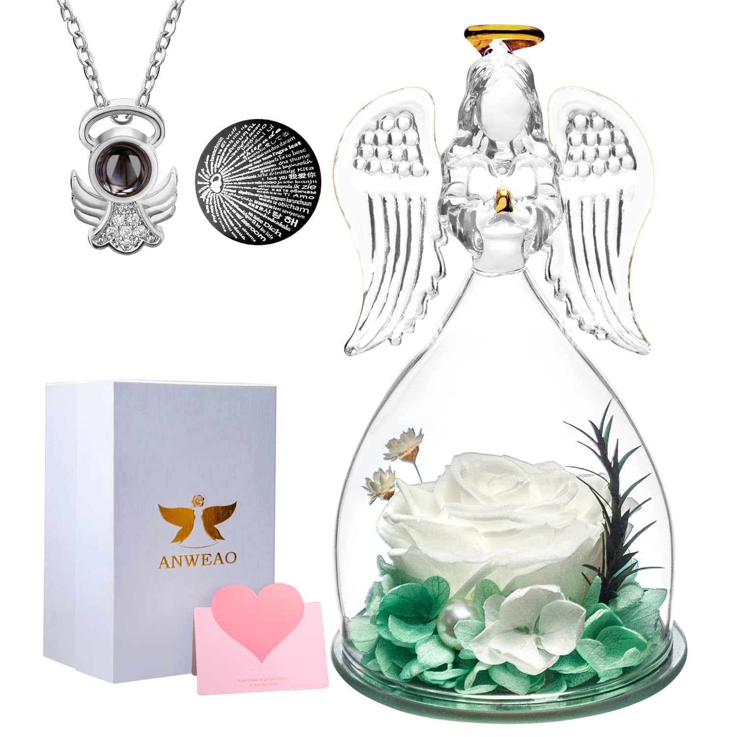 Amazon｜バレンタイン ガラス 天使 置物 プリザーブド 本物のバラ Love