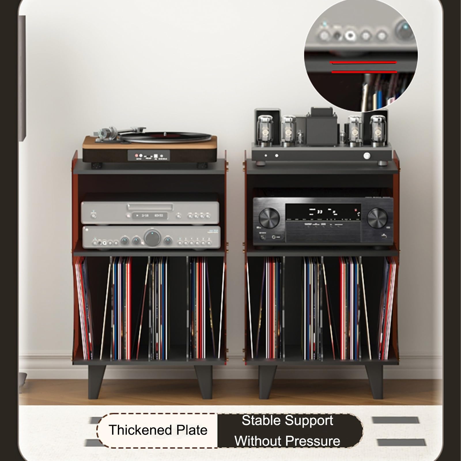 Supporto multimediale a 3 livelli per componenti audio/video, elegante supporto girevole con archiviazione per dischi in vinile, armadietto moderno per intrattenimento con area espositiva (marrone)