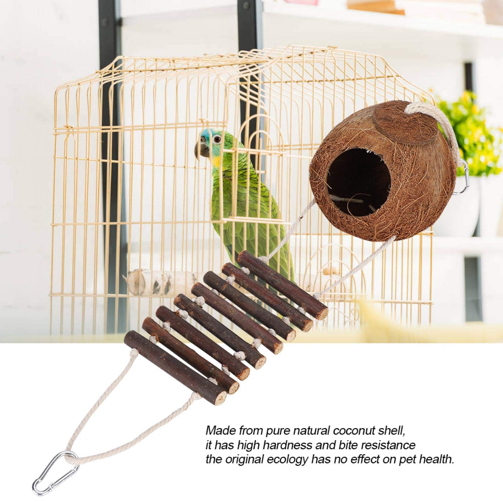 Natürlicher Kokosnuss Vogelkäfig mit Leiter, hängende Schaukel Kletterhängematte gedrehte Leiter aus Holz für Sittiche, Conure, Aras, Liebesvögel, Finken, Mynah