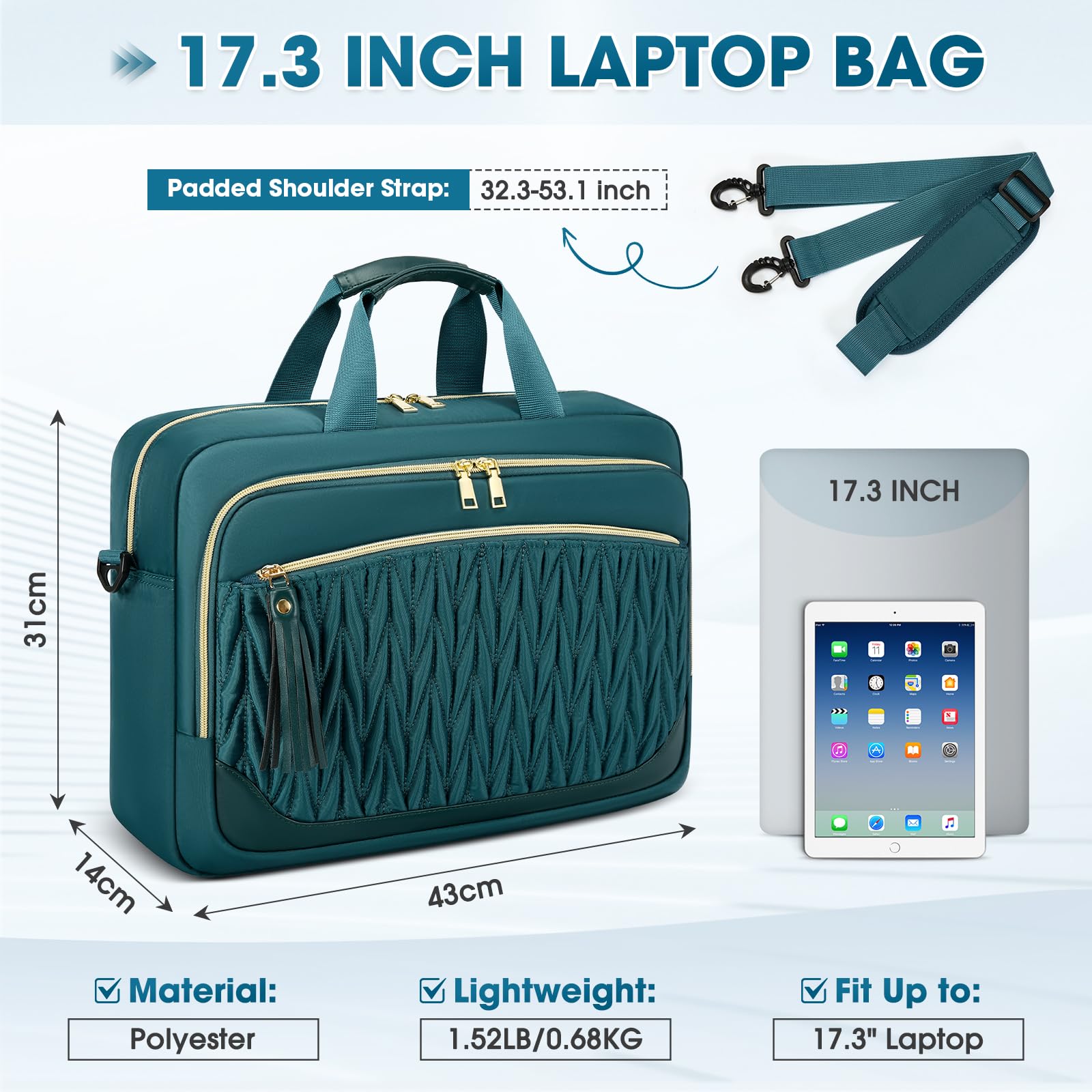 RAINSMORE Borsa Porta PC 17.3 Pollici Capiente Borsa Lavoro Donna Impermeabile Borse Computer Messenger Portadocumenti per Ufficio Università Insegnante Nero