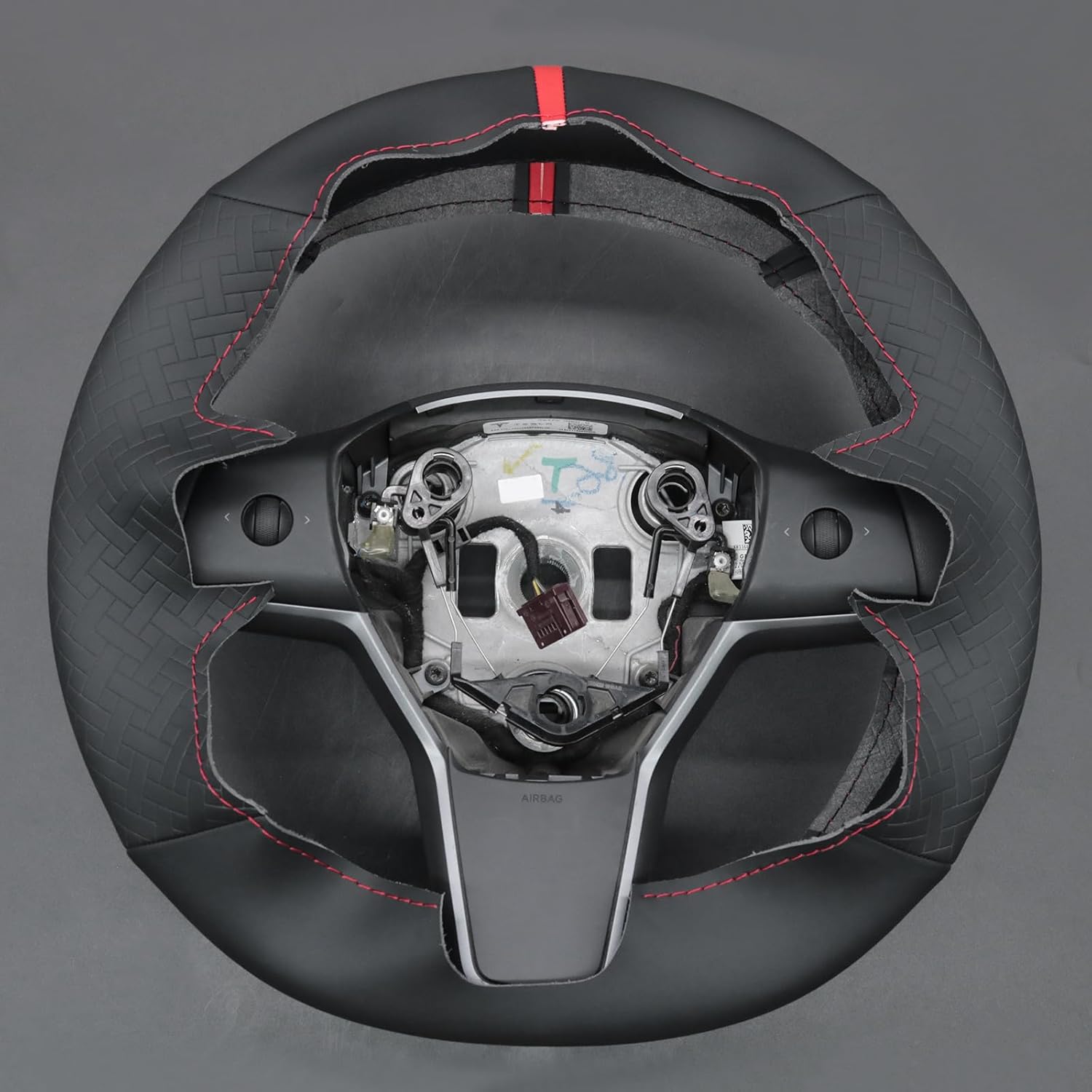 MEWANT Hand Stitch Black Woven Embossed Artificial Leather Steering Wheel Cover for Tesla Model Y 2023 Model 3 2017-2023