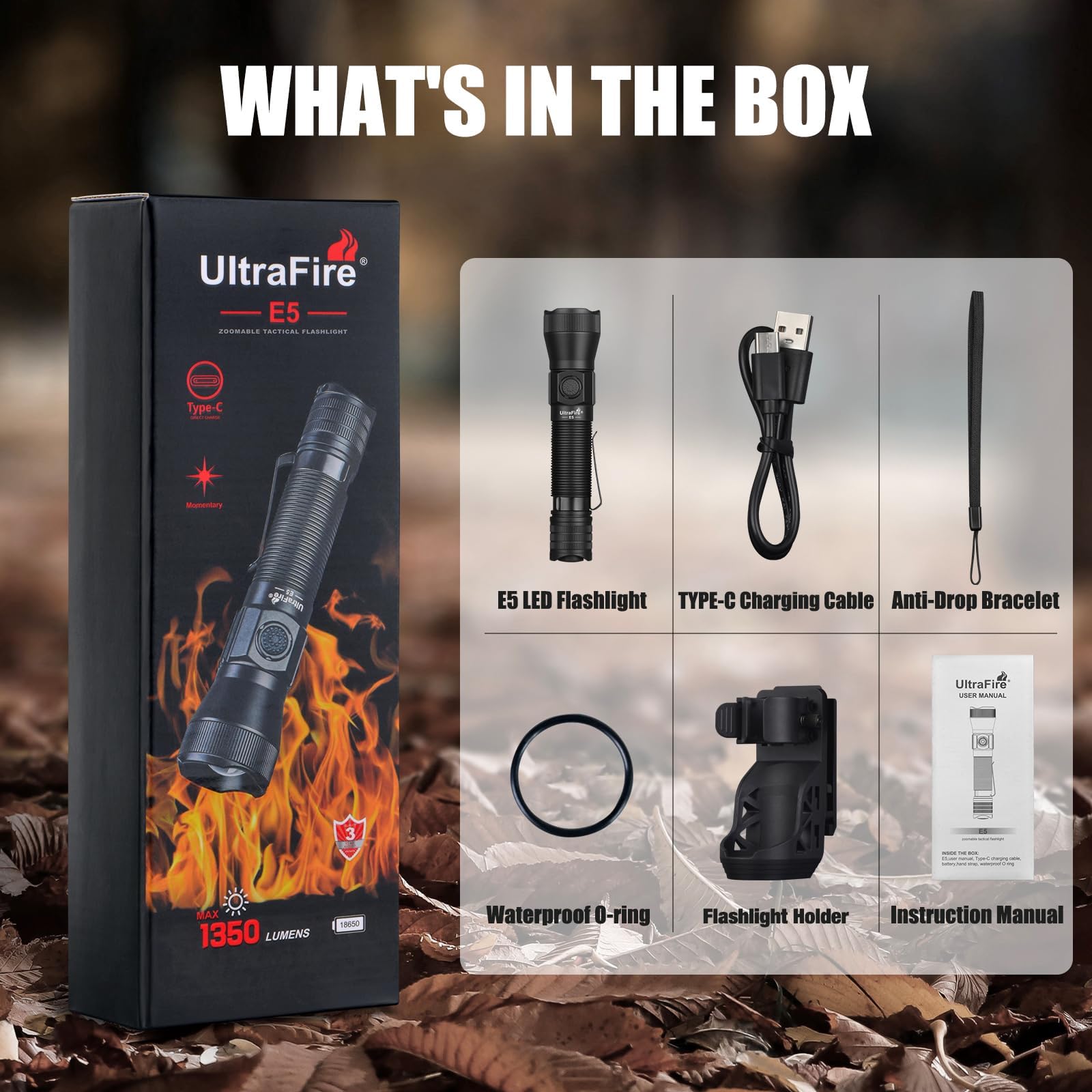 UltraFire Wiederaufladbare Taktische Taschenlampe mit Holster, 1350 Lumen Zoombare LED Polizei Taschenlampe mit Halterung für Dienstgürtel, 6 Modi, USB-C, für Camping/Gesetzesvollzug, E5