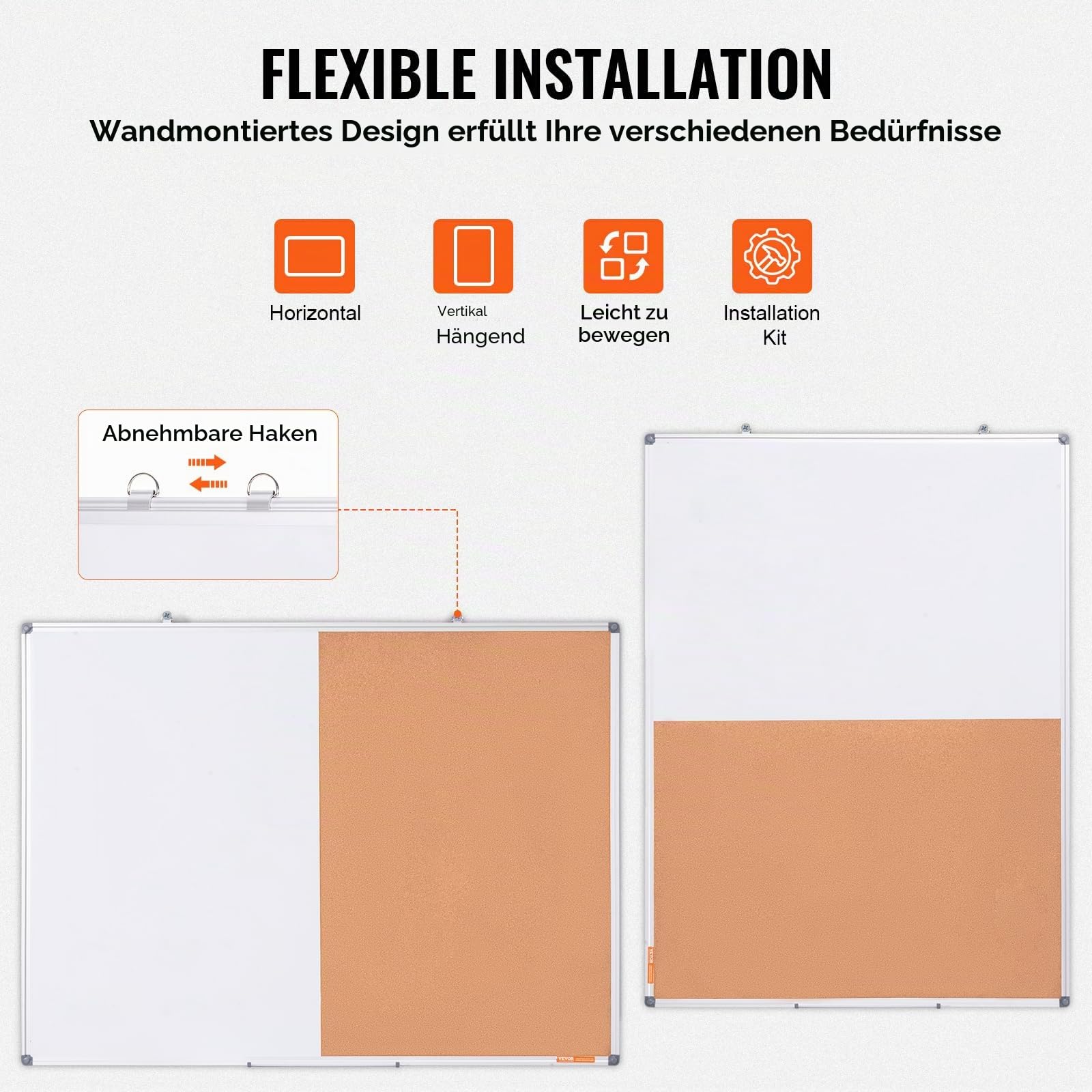 VEVOR Kombitafel Kork Pinnwand & Magnettafel 120 x 90 cm, 2 in 1 Memoboard Kombiboard, Aluminiumrahmen, magnetische, trocken abwischbare Pinnwand, ideal für Schule, Zuhause, Büro