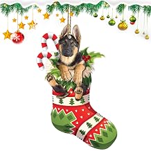 Christmas Ornaments 2026, German Shepherd Dog with Sock Design Tree Hanging Puppy Decor Christmas Ornaments for Pet Lovers New Years Gift