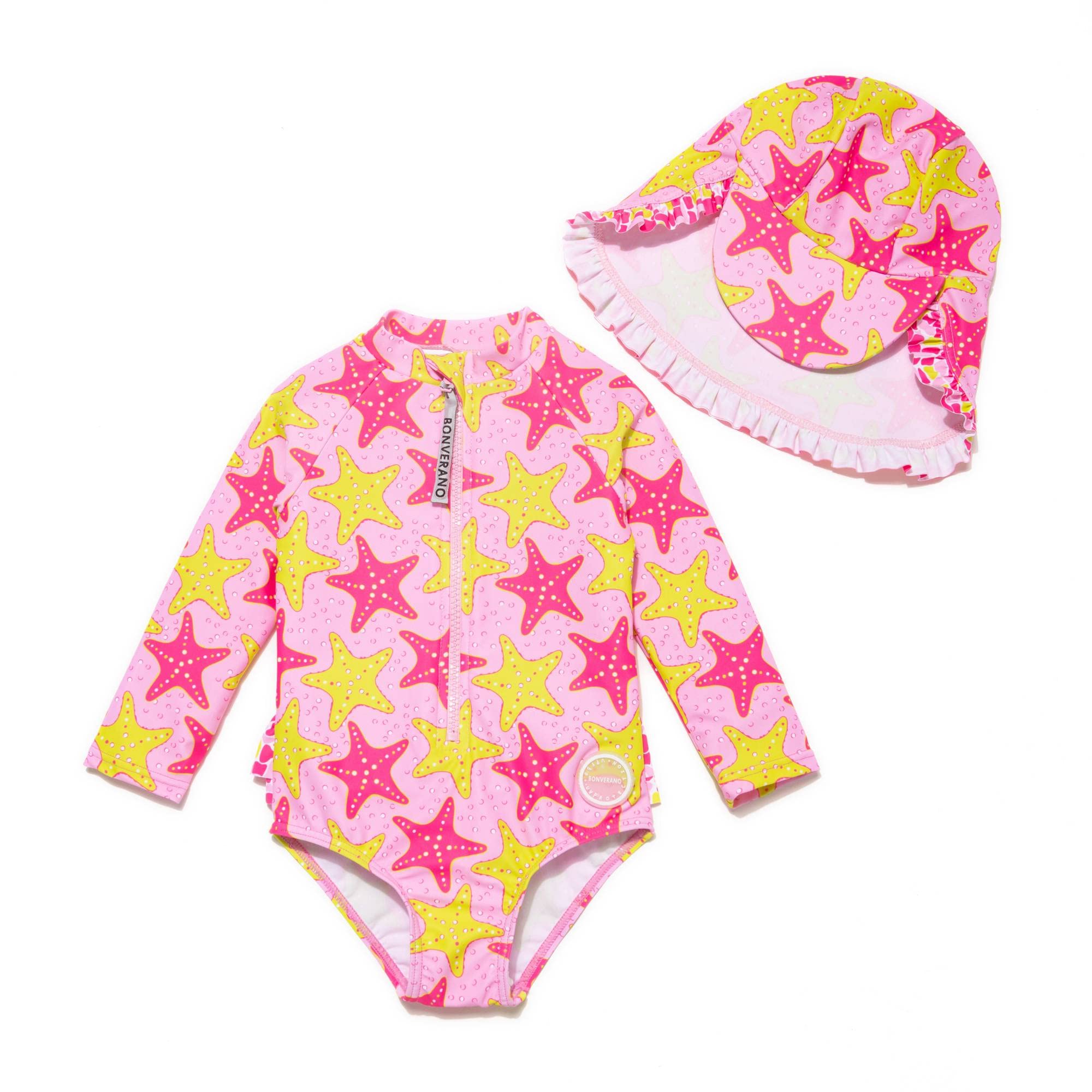 BONVERANO Traje de baño de una Pieza para niña, Mangas largas, protección UV 50+ con Gorra