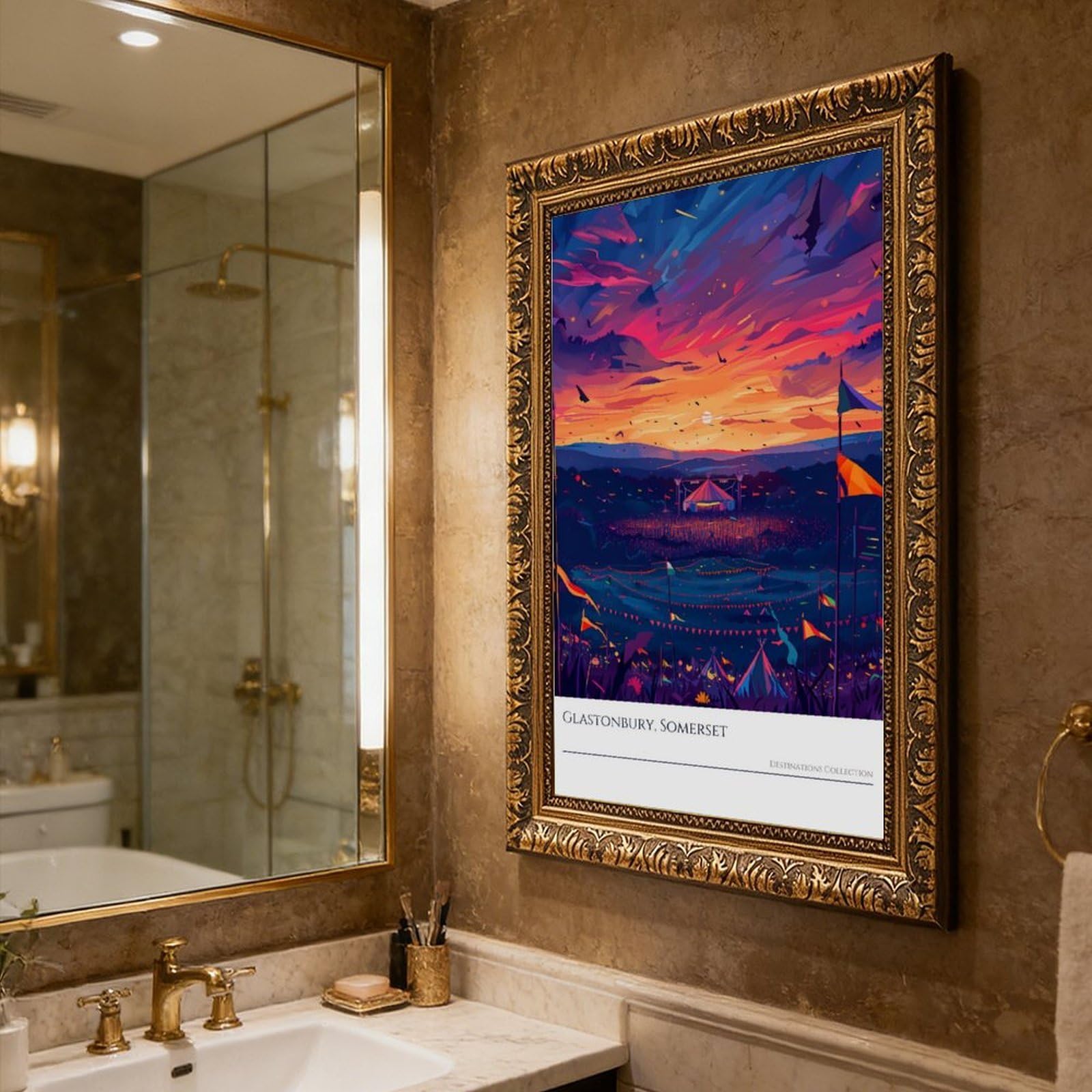 Mnyuein Glastonbury Sunset Poster vibrante festival stampa artistica su tela poster decorazione camera da letto sport paesaggio ufficio camera decorazione regalo retrò cornice oro 40,6 cm L x 61 cm W