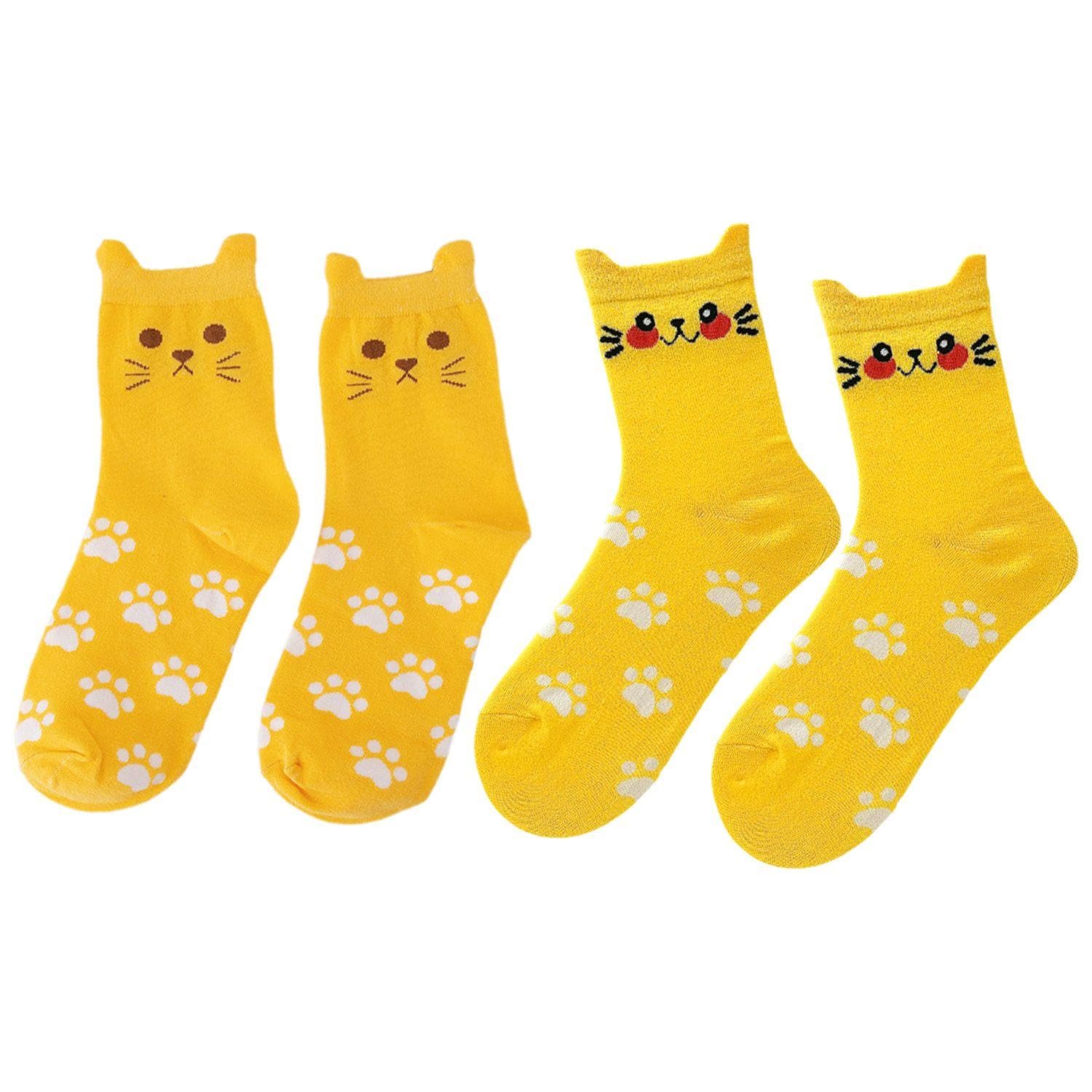FFDHWU 2 Pairs Of Cat Tube Socks, Cute Animal Warm Socks, Gifts For Cat Lovers, Gifts For Girls (Yellow, 2 Patterns).